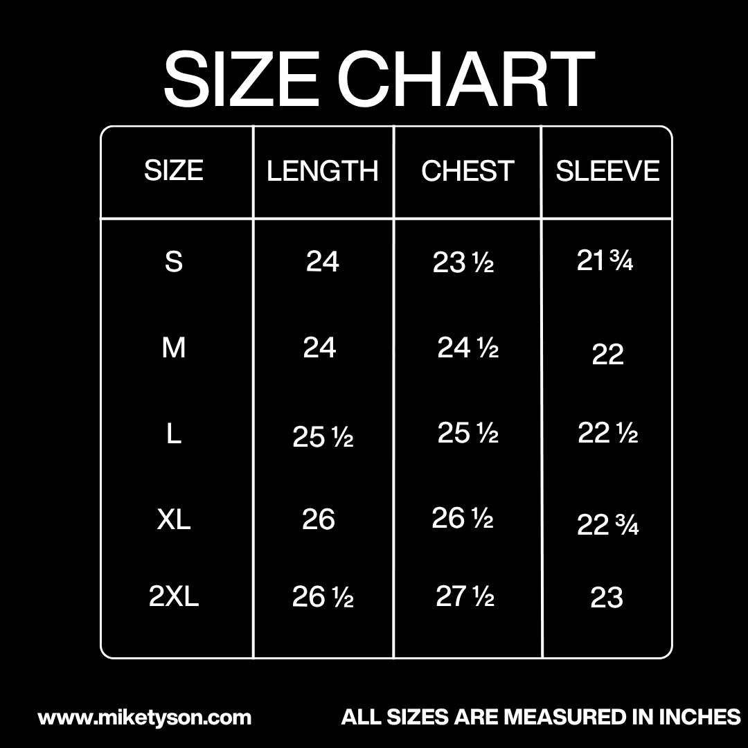 Size Chart in inches: Chest - Small 23 ½, Medium 24 ½, Large 25 ½, XL 26 ½, 2XL 27 ½. Length - Small 24, Medium 24, Large 25 ½, XL 26, 2XL 26 ½. Sleeve - Small 21 ¾, Medium 22, Large 22 ½, XL 22 ¾, 2XL 23.