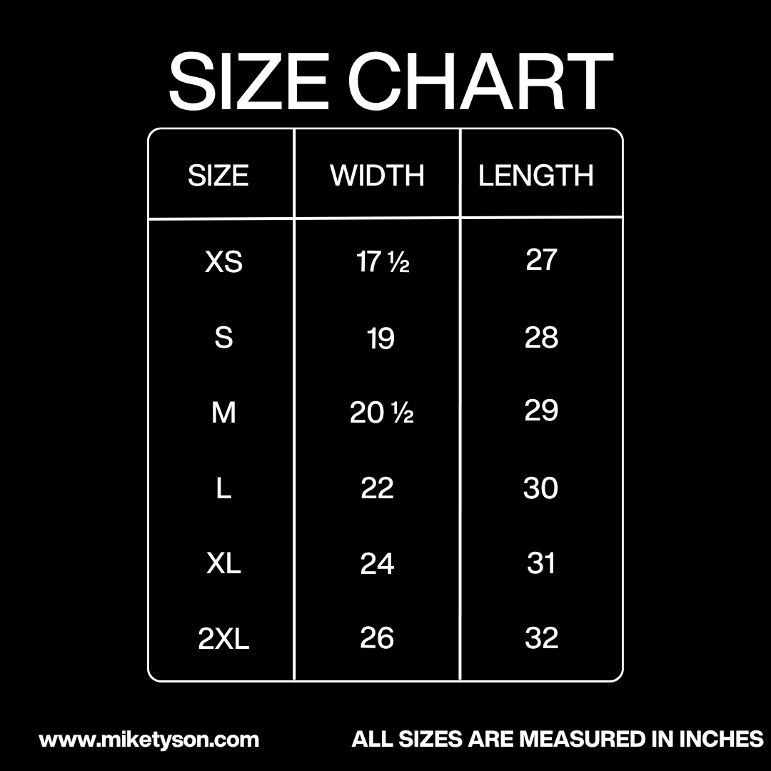 Size Chart in inches: Width - XS 17 ½, Small 19, Medium 20 ½, Large 22, XL 24, 2XL 26. Length - XS 27, Small 28, Medium 29, Large 30, XL 31, 2XL 32.