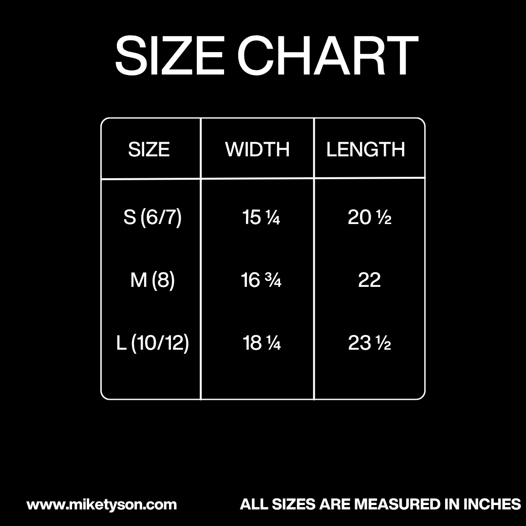Size Chart in inches: Width - Small (6/7) 15 ¼, Medium (8) 16 ¾, Large (10/12) 18 ¼. Length - Small 20 ½, Medium 22, Large 23 ½.