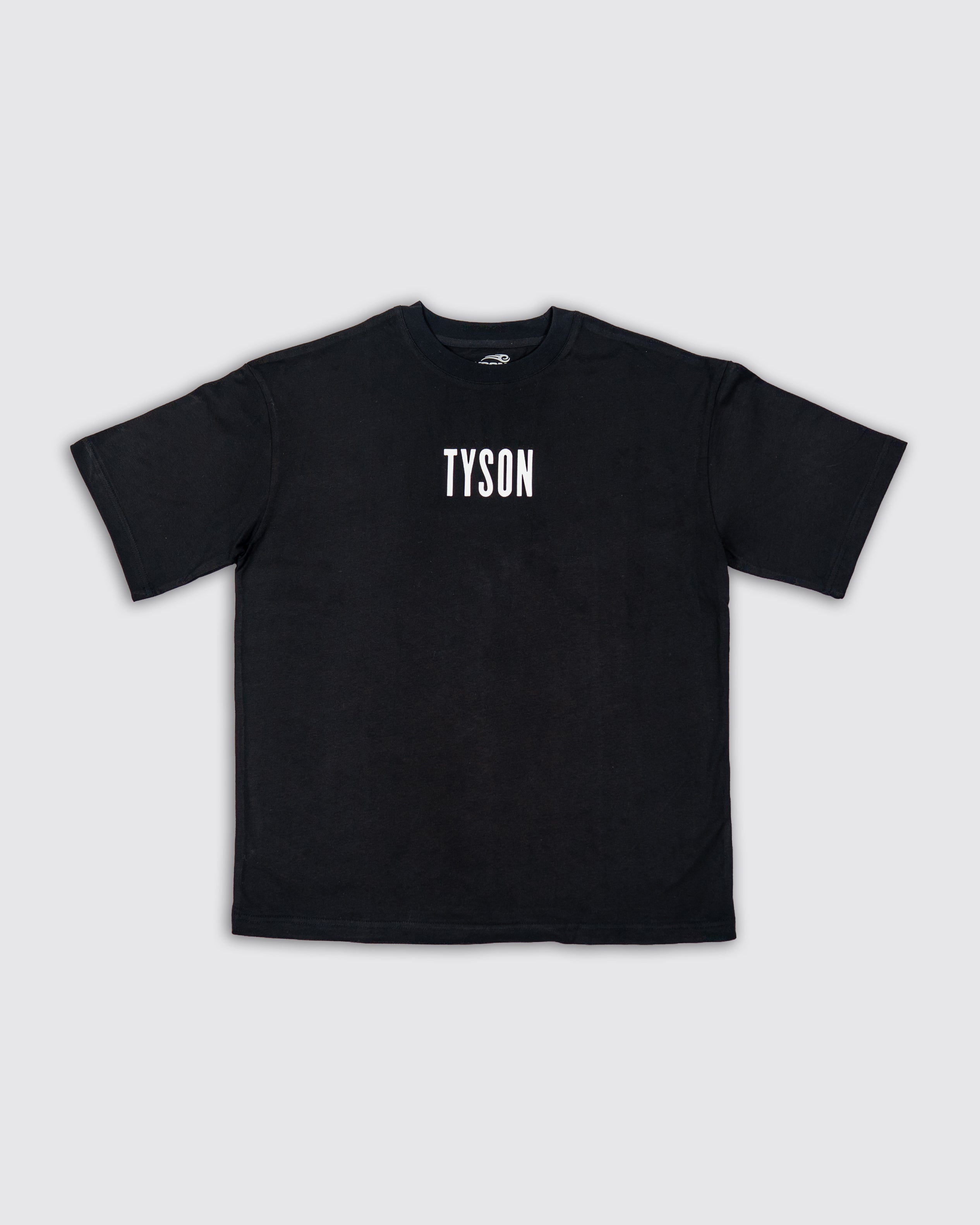 Black t-shirt with small white "Tyson" text across the chest.