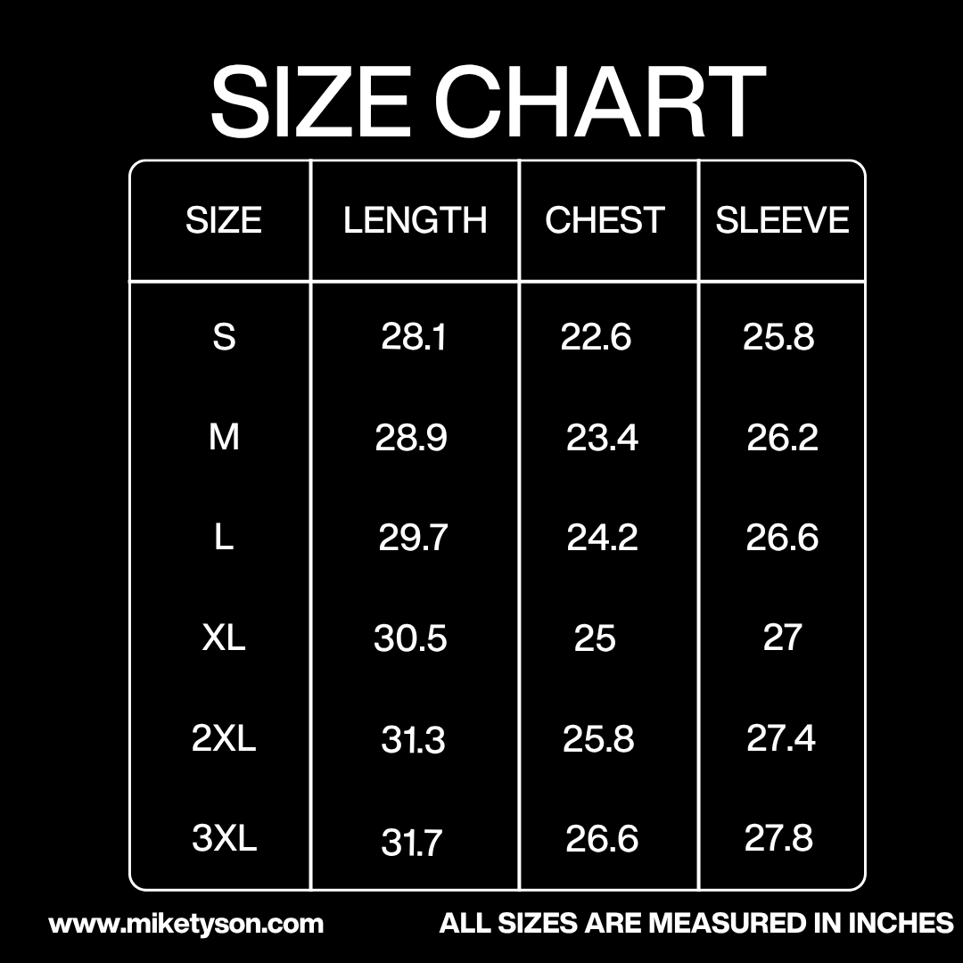 Size Chart in inches: Chest - Small 22.6, Medium 23.4, Large 24.2, XL 25, 2XL 25.8, 3XL 26.6. Sleeves - Small 25.8, Medium 26.2, Large 26.6, XL 27, 2XL 27.4, 3XL 27.8. Length - Small 28.1, Medium 28.9, Large 29.7, XL 30.5, 2XL 31.3, 3XL 31.7.