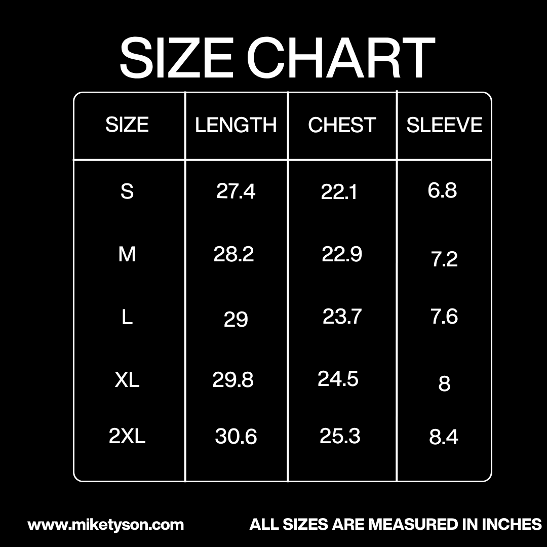 Size Chart in inches: Chest - Small 22.1, Medium 22.9, Large 23.7, XL 24.5, 2XL 25.3. Sleeves - Small 6.8, Medium 7.2, Large 7.6, XL 8, 2XL 8.4. Length - Small 27.4, Medium 28.2, Large 29, XL 29.8, 2XL 30.6.