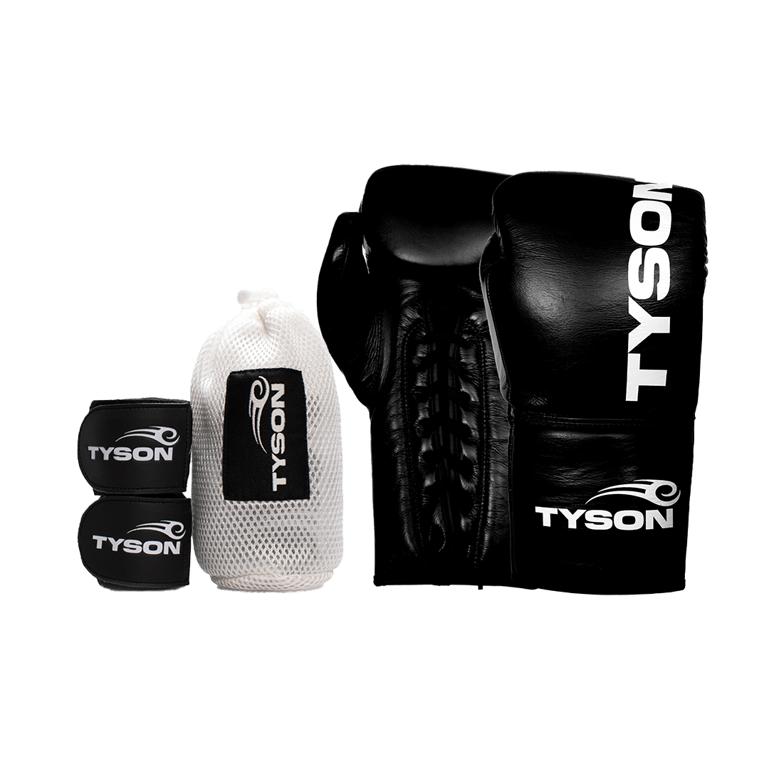 Black boxing gloves. White text saying "Tyson" runs vertically towards the fingers on the back of the gloves, while the Tyson Pro logo is on the wrist. The palm side of the glove features laces.
Black hand wraps with the Tyson Pro logo in white on the strap, and the Tyson half tribal logo repeatedly running along the entire wrap.