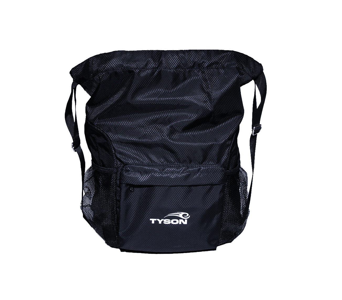 Black drawstring bag featuring the Tyson Pro logo in white on the front pocket panel. The bag has two mesh pockets on either side.