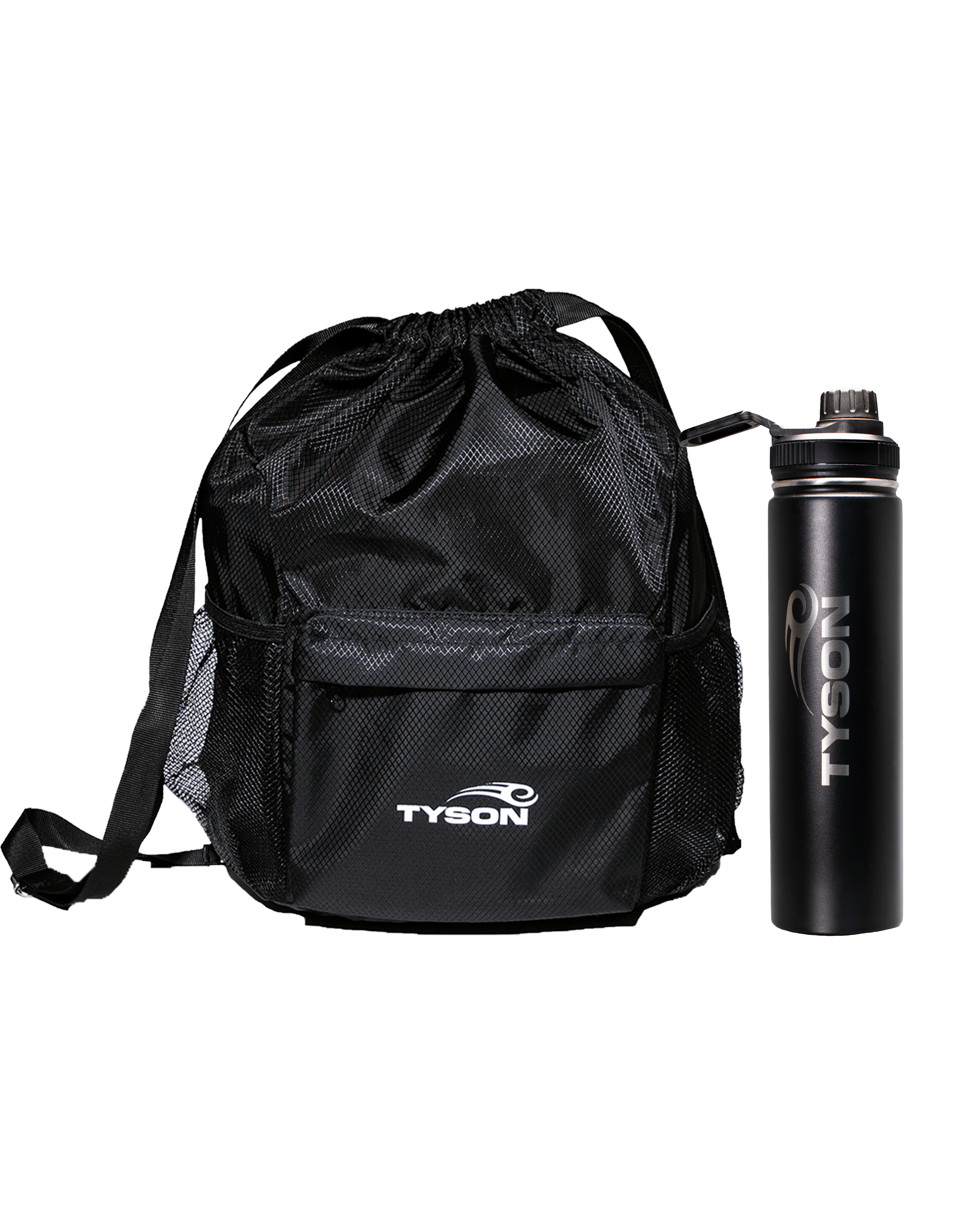 Black drawstring bag featuring the Tyson Pro logo in white on the front pocket panel. The bag has two mesh pockets on either side.
Matte black stainless steel water bottle. Two silver Tyson Pro logos are etched into the center of the bottle running vertically upward on opposite sides. The cap has a loop and the mouthpiece has a screw-top cover.
