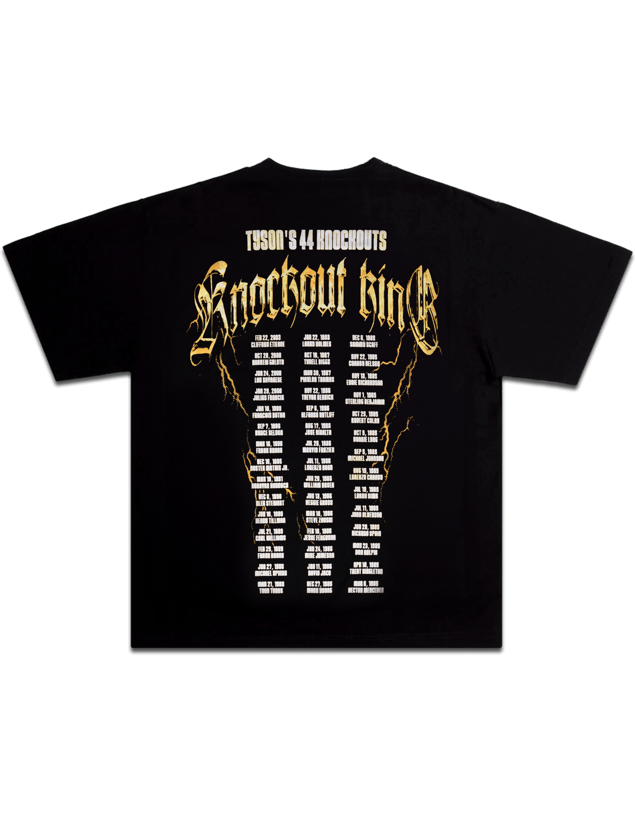 Black T-shirt. The front displays a title belt style design listing some significant dates and achievements from Mike Tyson's career, along with an image of him in the center and his name across the top. The back features the text "Knockout King" and a list of his 44 knockouts.