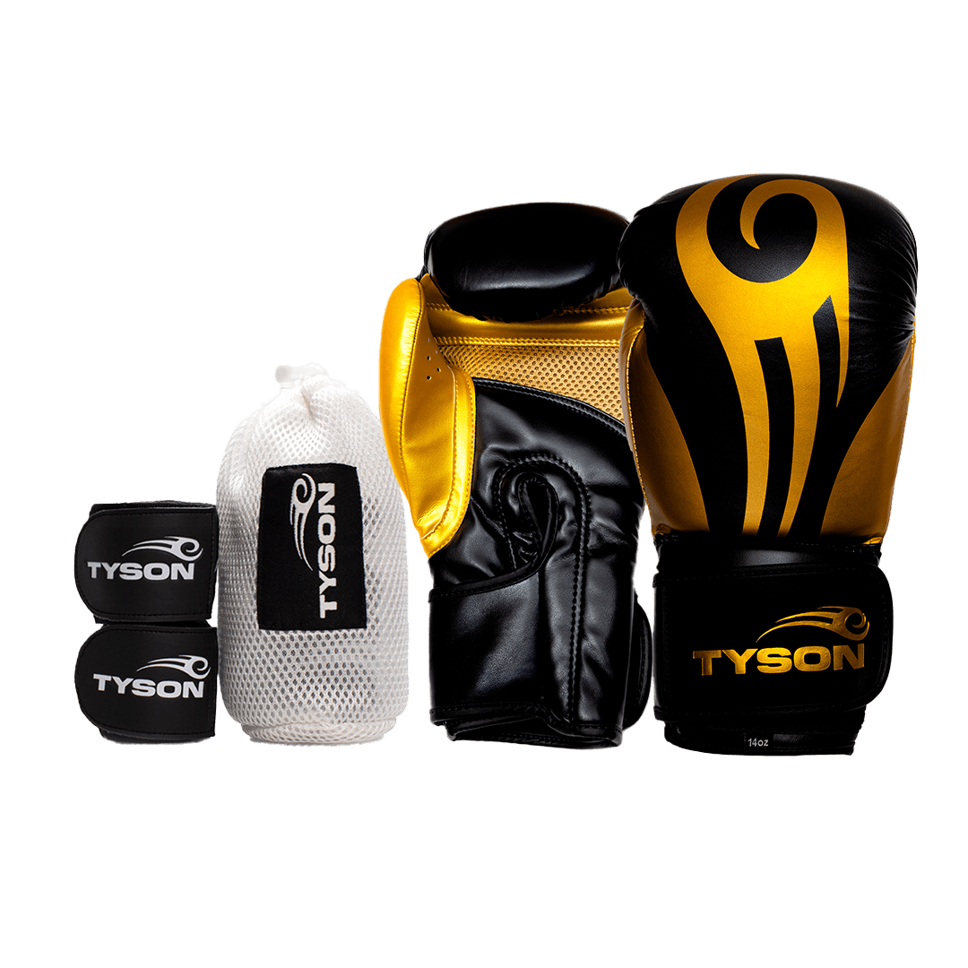 Black boxing gloves with gold accents. The Tyson half tribal logo is featured on the back of the gloves and the Tyson Pro logo is on the wrist strap. The palm area has mesh.
Black hand wraps with the Tyson Pro logo in white on the strap, and the Tyson half tribal logo repeatedly running along the entire wrap.