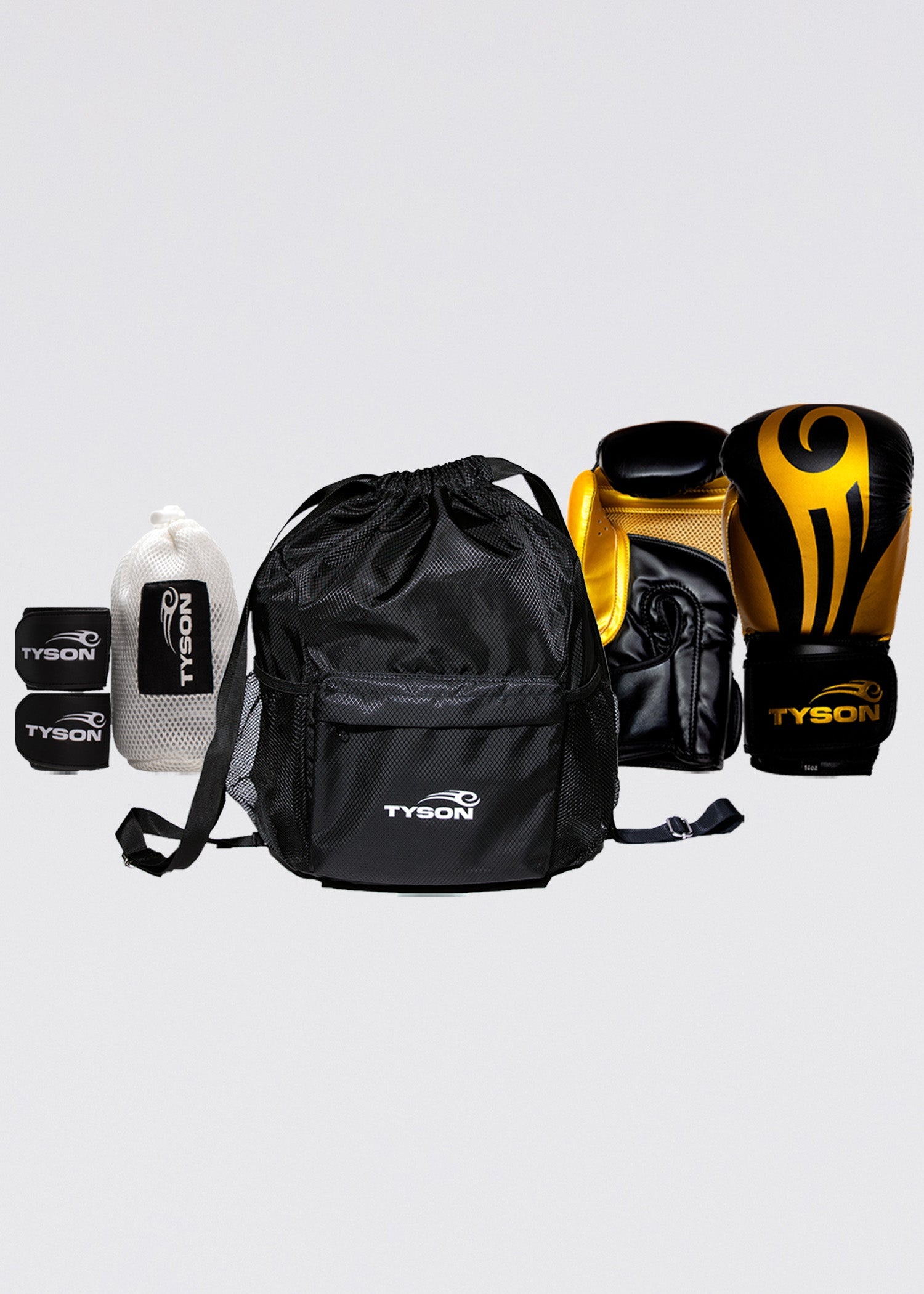 Black boxing gloves with gold accents. The Tyson half tribal logo is featured on the back of the gloves and the Tyson Pro logo is on the wrist strap. The palm area has mesh.
Black handwraps with the Tyson Pro logo in white on the strap, and the Tyson half tribal logo repeatedly running along the entire wrap.
Black drawstring bag featuring the Tyson Pro logo in white on the front pocket panel. The bag has two mesh pockets on either side.