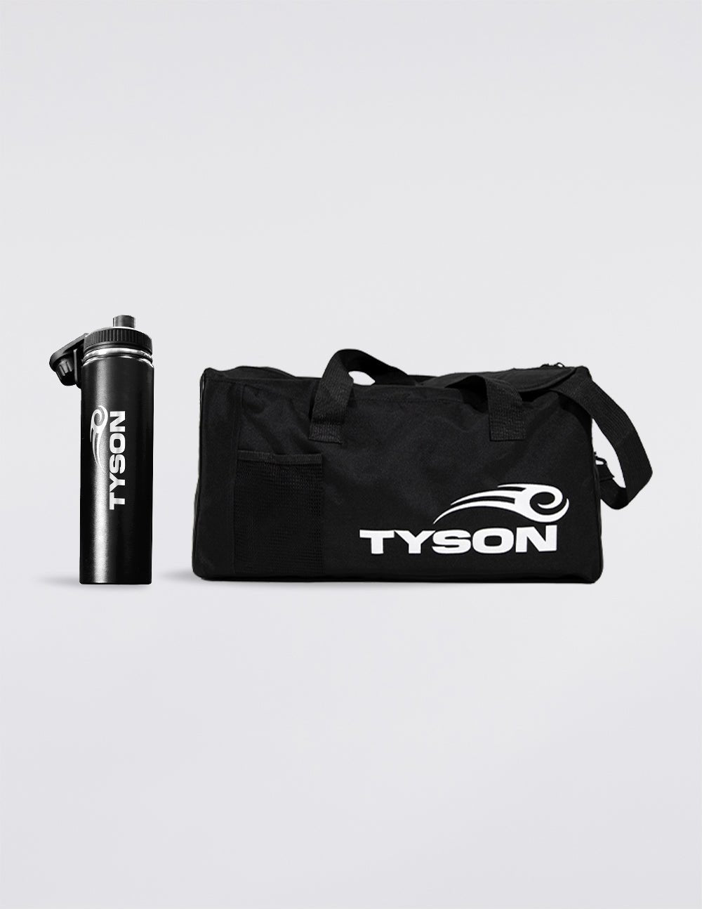 Black rectangular gym bag. The outer face has the white Tyson Pro logo on the bottom right and a mesh pocket to the left. The bag has a shoulder strap and handles.
Matte black stainless steel water bottle. Two silver Tyson Pro logos are etched into the center of the bottle running vertically upward on opposite sides. The cap has a loop and the mouthpiece has a screw-top cover.