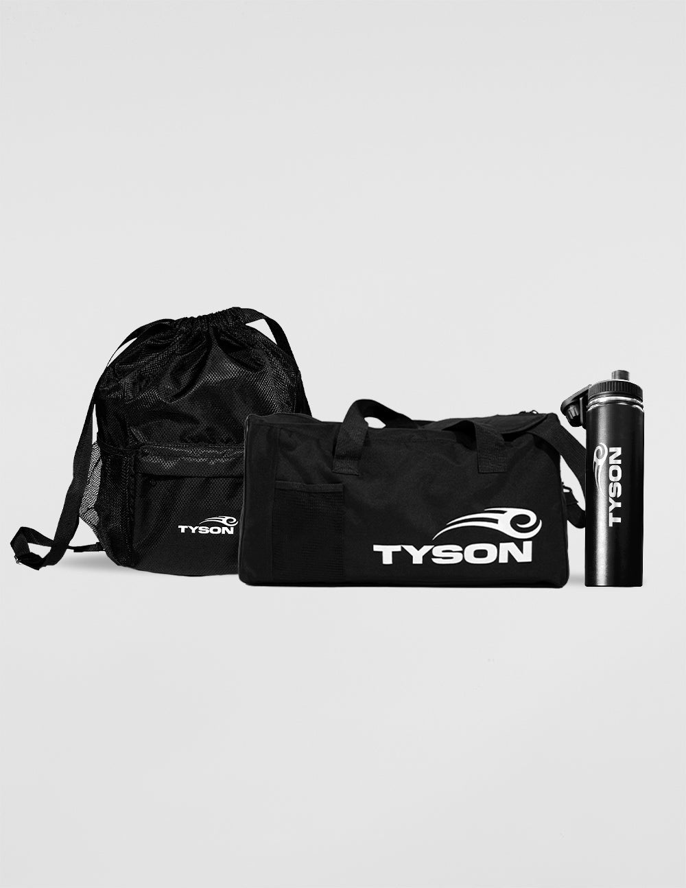 Black rectangular gym bag. The outer face has the white Tyson Pro logo on the bottom right and a mesh pocket to the left. The bag has a shoulder strap and handles.
Black drawstring bag featuring the Tyson Pro logo in white on the front pocket panel. The bag has two mesh pockets on either side.
Matte black stainless steel water bottle. Two silver Tyson Pro logos are etched into the center of the bottle running vertically upward on opposite sides. The cap has a loop and the mouthpiece has a screw-top cover