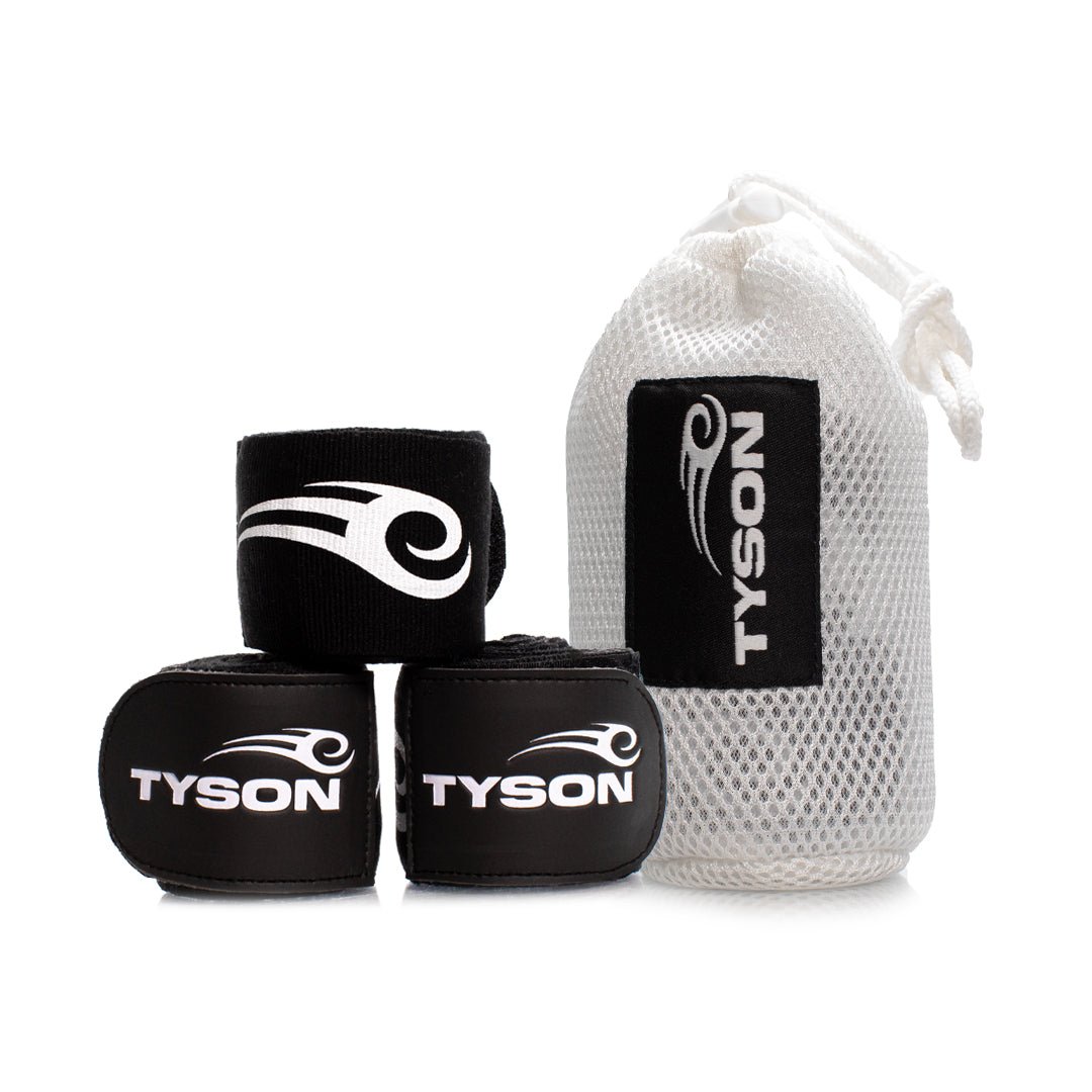 Black hand wraps 3-pack with the Tyson Pro logo in white on the strap, and the Tyson half tribal logo repeatedly running along the entire wrap.