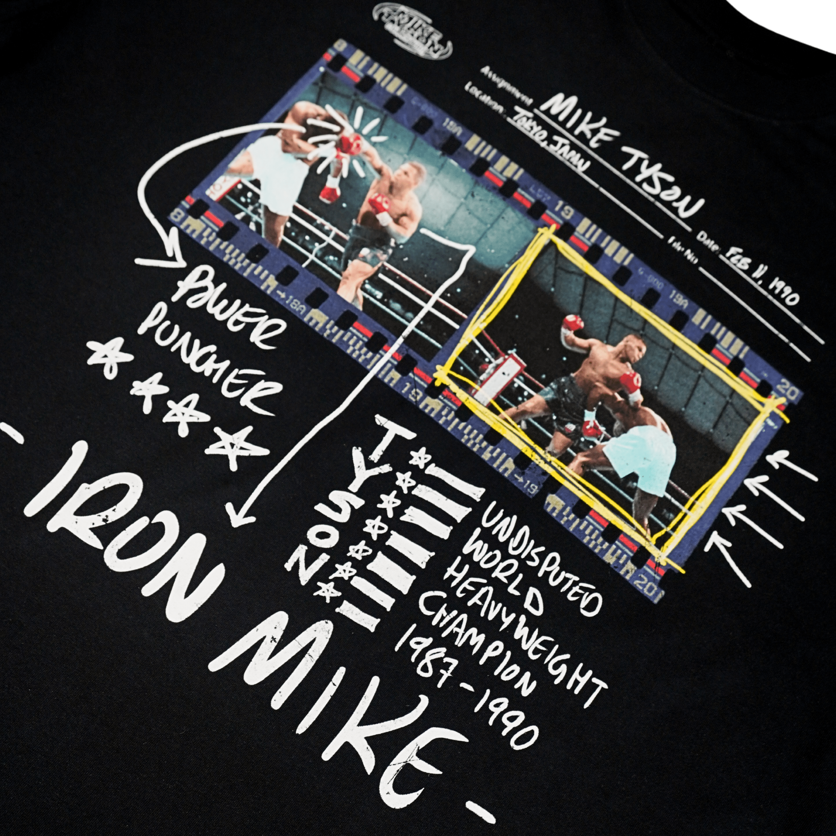 Black T-shirt with two images of Mike knocking out his opponents. White handwritten commentary surrounds the images.