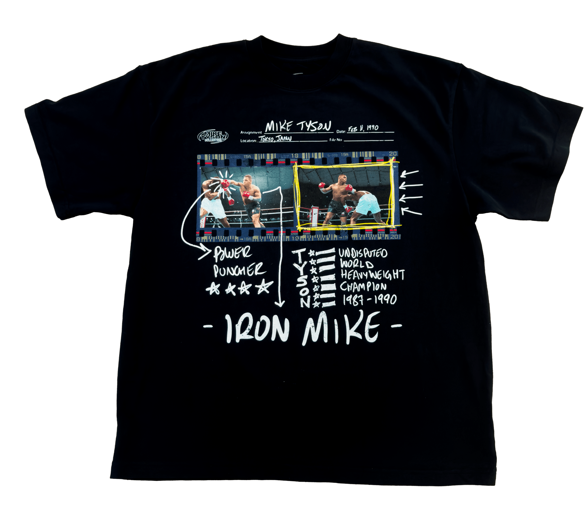 Black T-shirt with two images of Mike knocking out his opponents. White handwritten commentary surrounds the images.