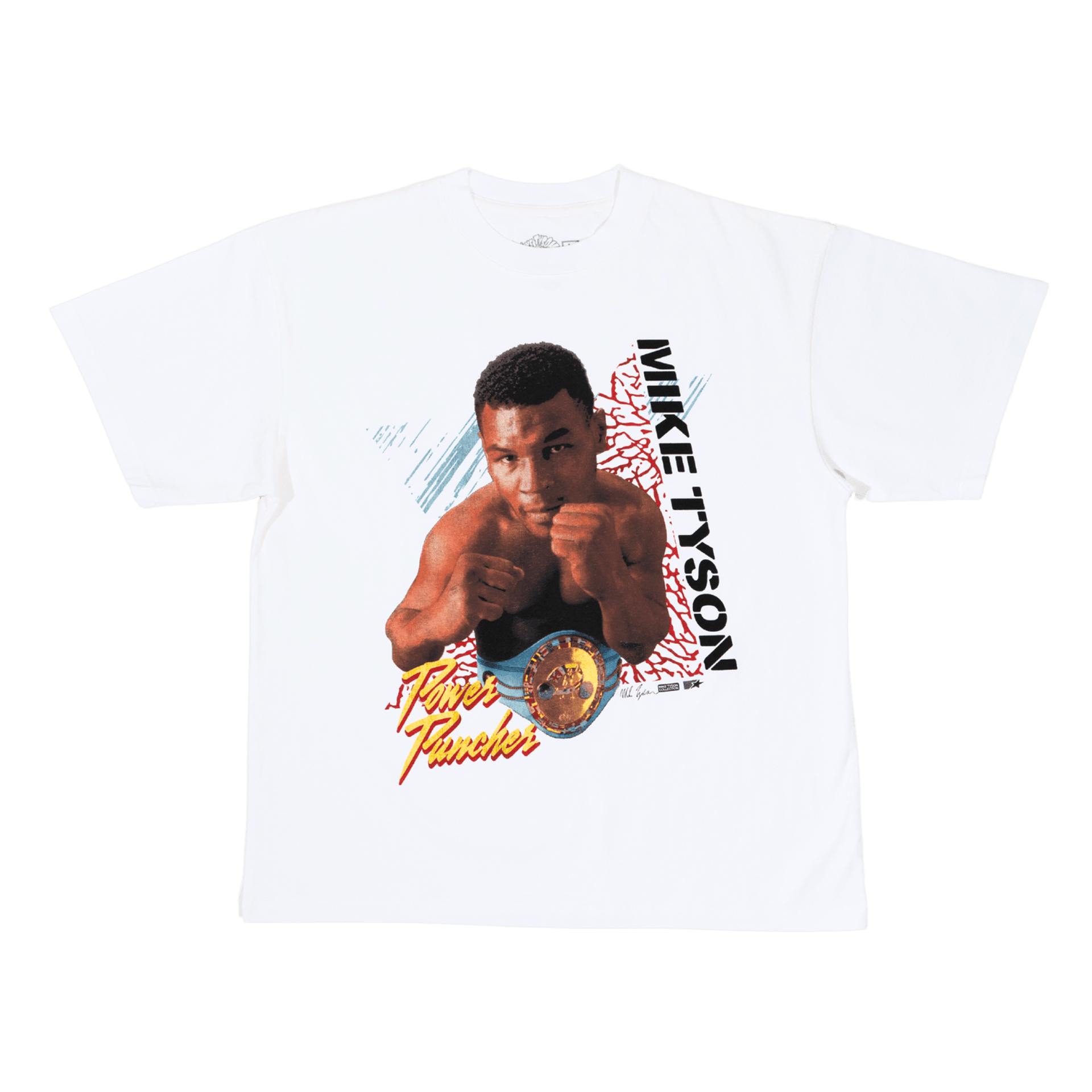 White T-Shirt with an image of Mike in the center wearing a title belt. The shirt features text that says "Mike Tyson" and "Power Puncher."