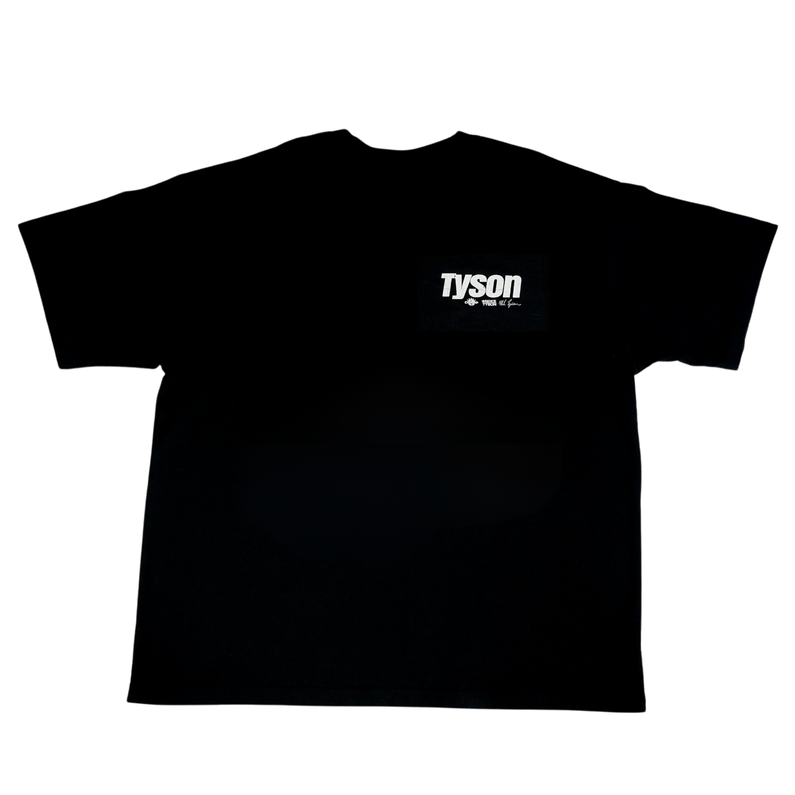 Black T-shirt with white text over the left side of the chest that says Tyson. A small Champ emblem, his name Mike Tyson, and his signature are below the Tyson text. The back of the shirt features 2 images of Mike, both showcasing his iconic red gloves. The same text as the front surrounds the image on the back.