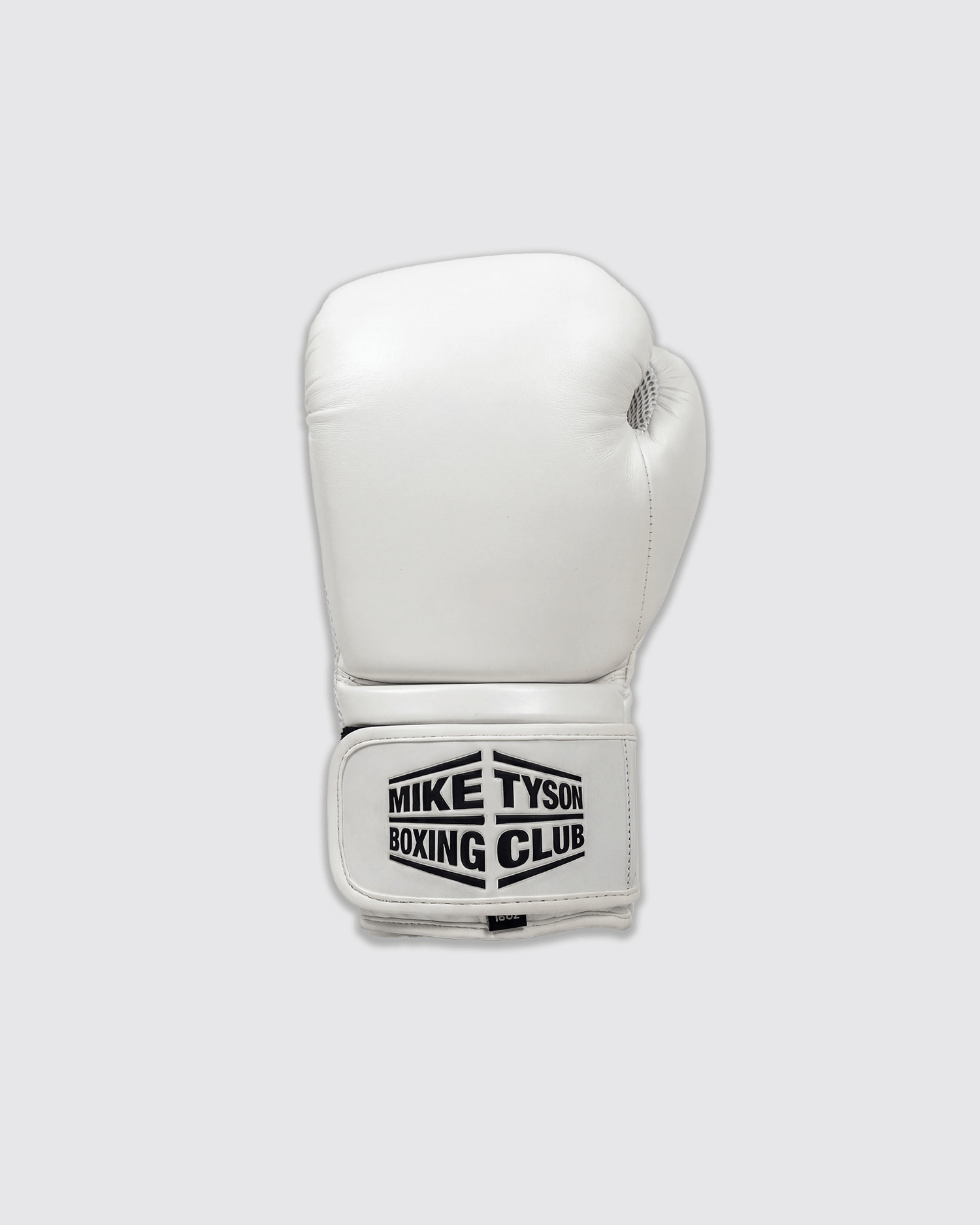 White boxing gloves with the Mike Tyson Boxing Club logo in black on the wrist.