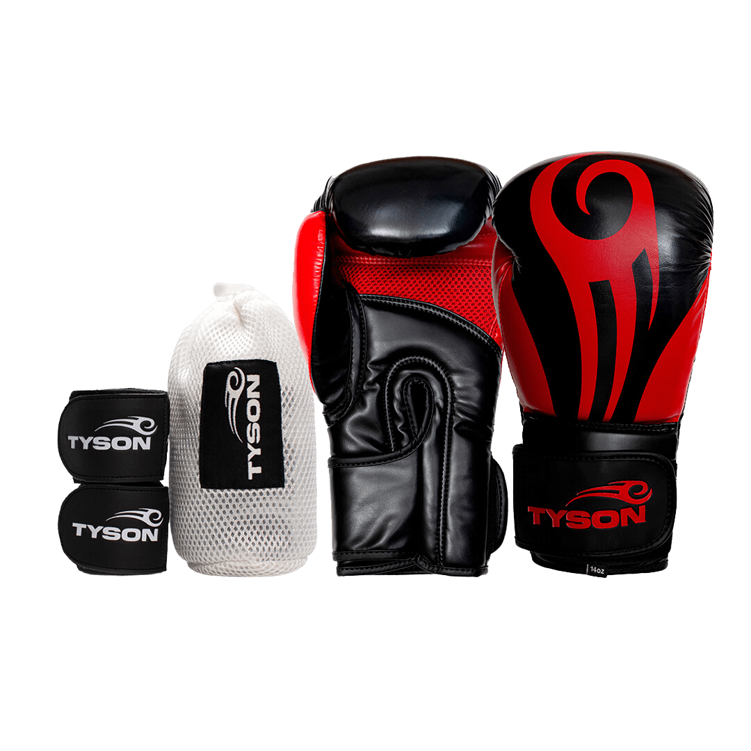 Black boxing gloves with red accents. The Tyson half tribal logo is featured on the back of the gloves and the Tyson Pro logo is on the wrist strap. The palm area has mesh.
Black hand wraps with the Tyson Pro logo in white on the strap, and the Tyson half tribal logo repeatedly running along the entire wrap.