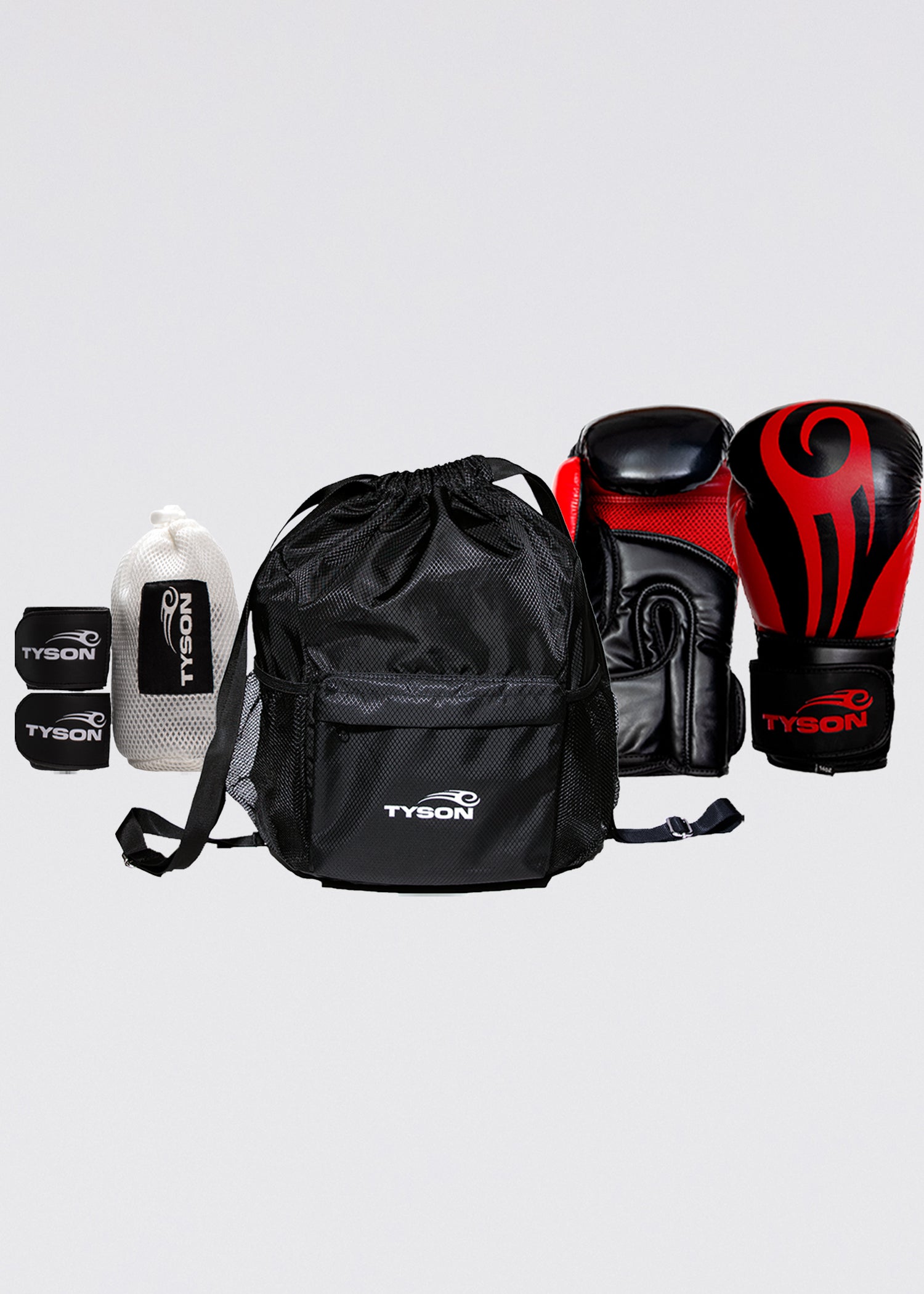 Black boxing gloves with red accents. The Tyson half tribal logo is featured on the back of the gloves and the Tyson Pro logo is on the wrist strap. The palm area has mesh.
Black hand wraps with the Tyson Pro logo in white on the strap, and the Tyson half tribal logo repeatedly running along the entire wrap.
Black drawstring bag featuring the Tyson Pro logo in white on the front pocket panel. The bag has two mesh pockets on either side.
