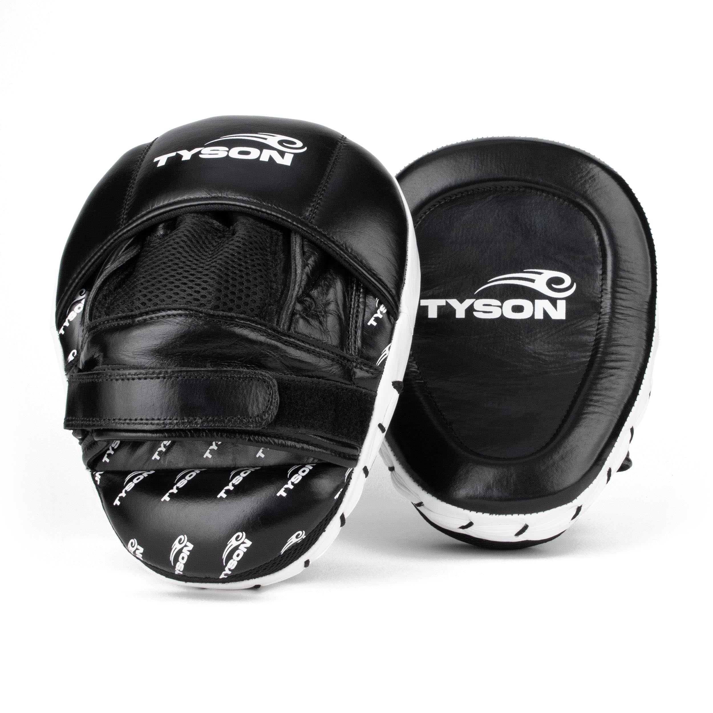 Black focus mitts with a white border. A white Tyson Pro logo is featured on the face of the mitt. The logo is also featured on the top of the backside, and a pattern with the logos is at the bottom. There is mesh on the backside along with the tightening strap.