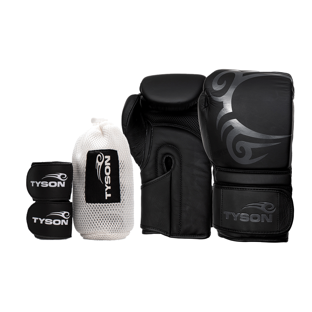 Matte black boxing gloves. A glossy graphic of Mike Tyson's face tattoo is on the back of the gloves and the Tyson Pro logo is on the wrist strap.
Black hand wraps with the Tyson Pro logo in white on the strap, and the Tyson half tribal logo repeatedly running along the entire wrap.