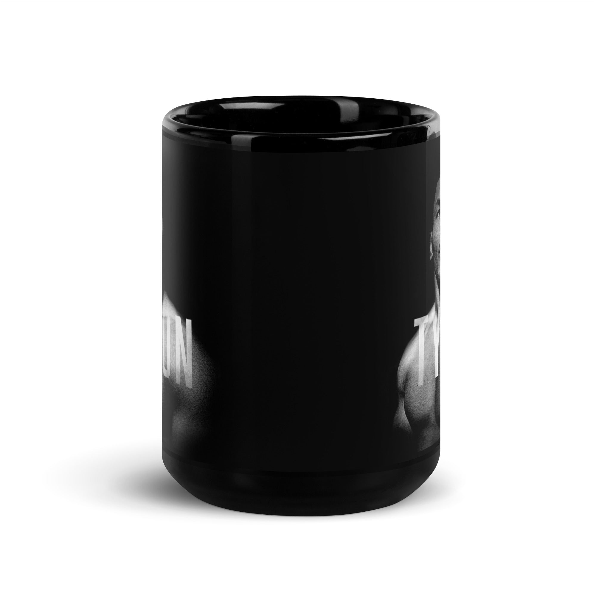 Black Mug with a black and white portrait of Mike. His body is turned slightly to the left, his face is forward and his eyes are looking off to the right. Slightly transparent white text saying "Tyson" is featured across his upper chest.