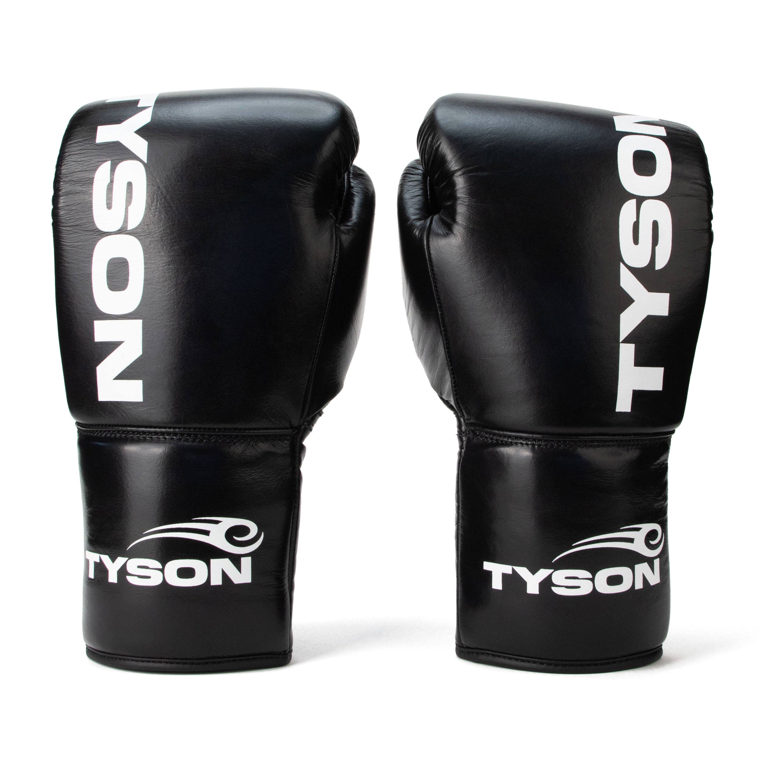 Black boxing gloves. White text saying "Tyson" runs vertically towards the fingers on the back of the gloves, while the Tyson Pro logo is on the wrist. The palm side of the glove features laces.