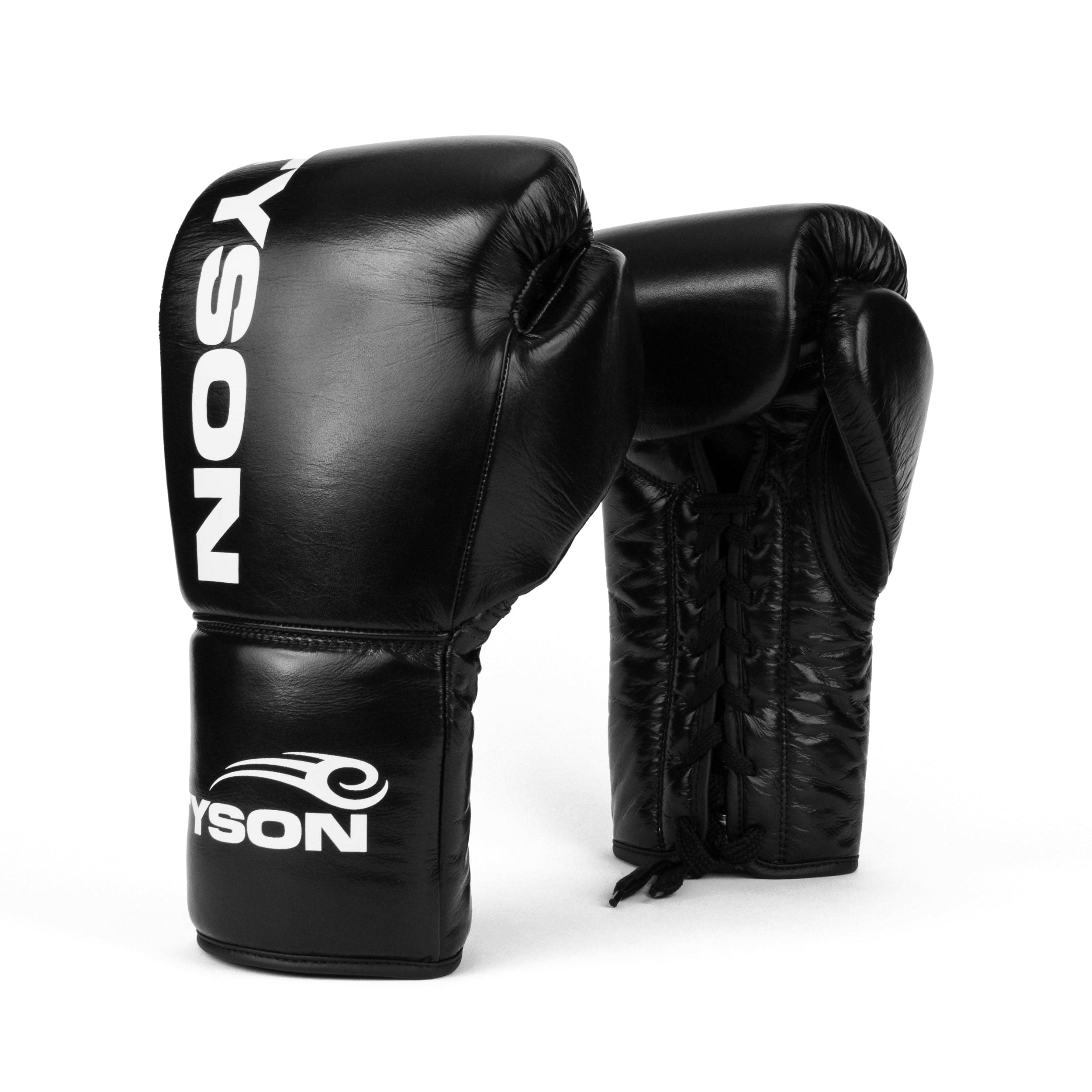 Black boxing gloves. White text saying "Tyson" runs vertically towards the fingers on the back of the gloves, while the Tyson Pro logo is on the wrist. The palm side of the glove features laces.