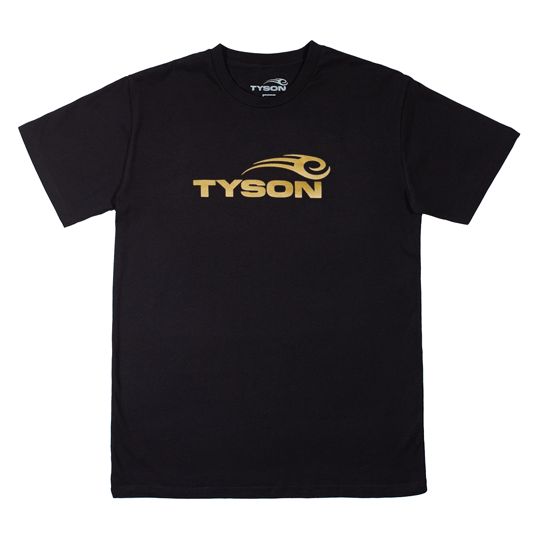 Black T-shirt prominently featuring the Tyson Pro logo in gold across the chest.