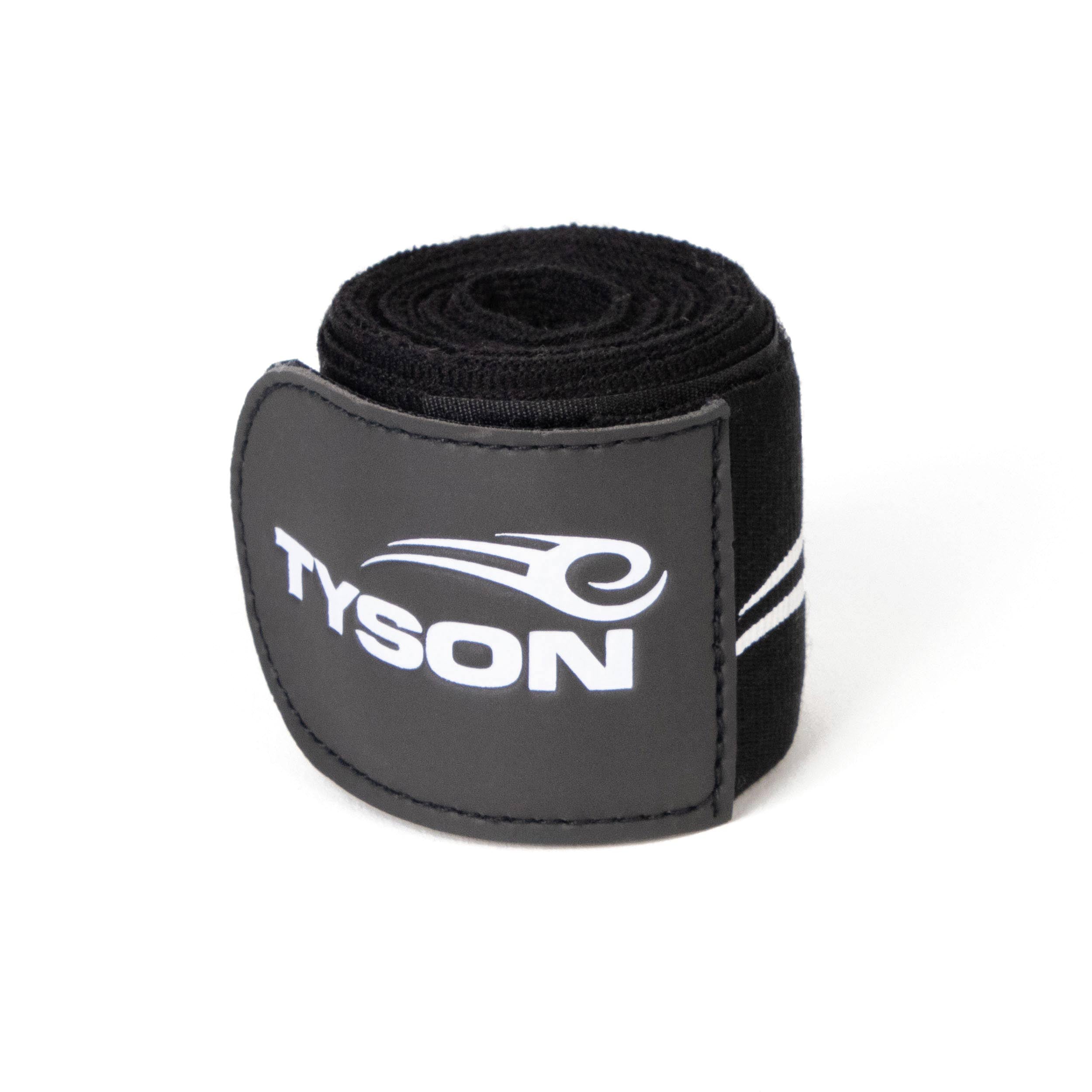Black hand wraps with the Tyson Pro logo in white on the strap, and the Tyson half tribal logo repeatedly running along the entire wrap.