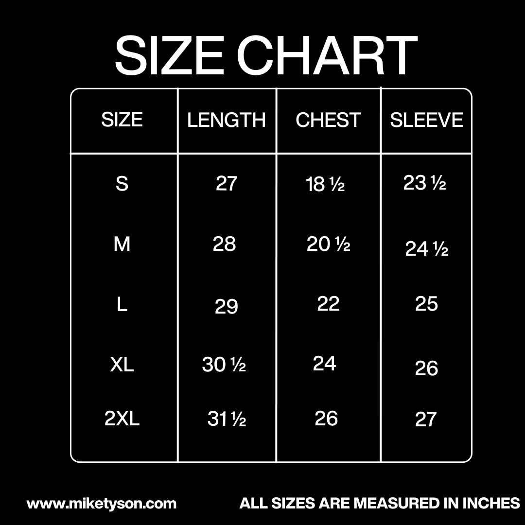 Size Chart in inches: Chest - Small 18 ½, Medium 20 ½, Large 22, XL 24, 2XL 26. Length - Small 27, Medium 28, Large 29, XL 30 ½, 2XL 31 ½. Sleeve - Small 23 ½, Medium 24 ½, Large 25, XL 26, 2XL 27.
