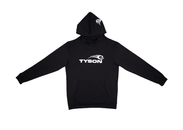 Black hoodie prominently featuring the Tyson Pro logo in white across the chest. Mike Tyson's face tattoo design is on the left side of the hood.