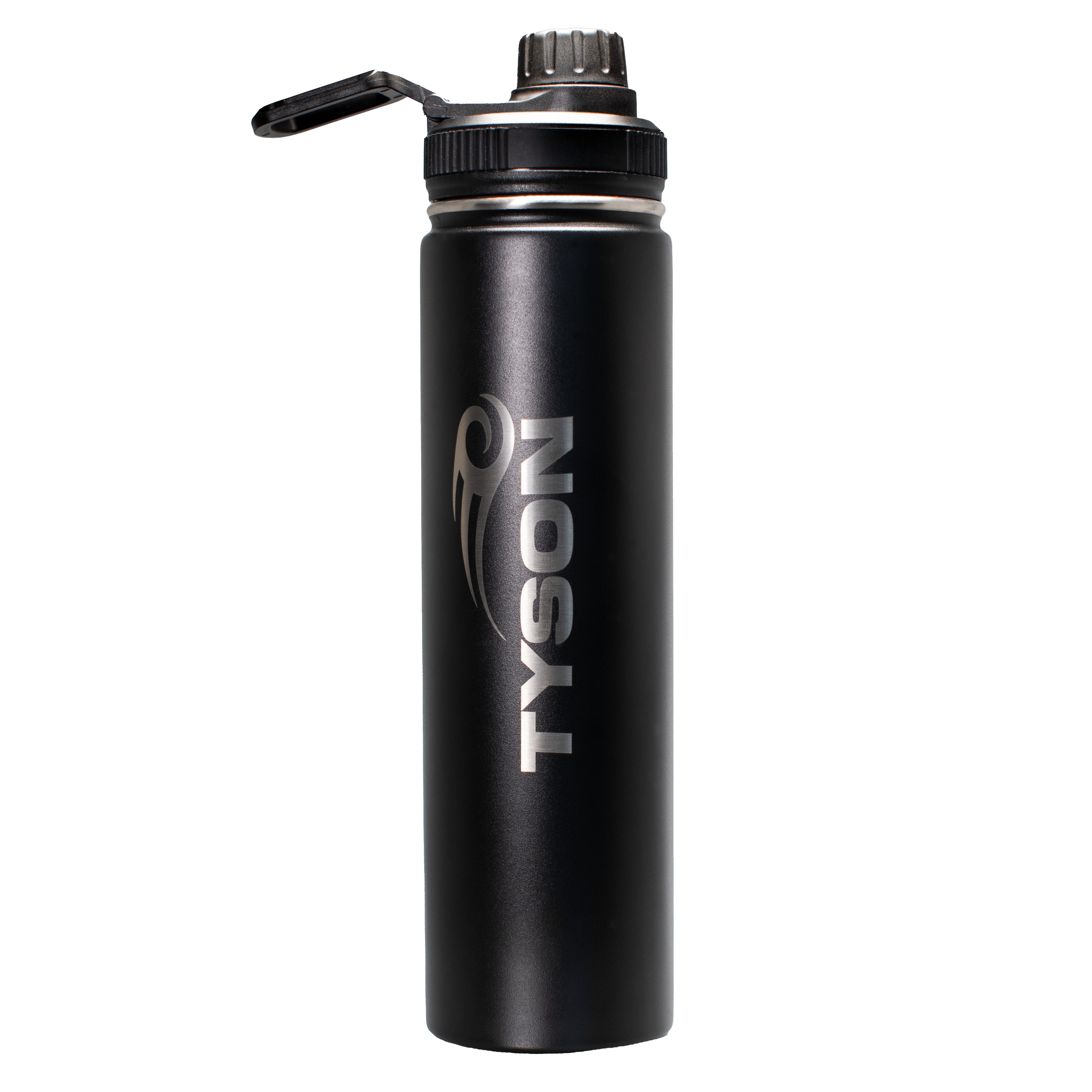 Matte black stainless steel water bottle. Two silver Tyson Pro logos are etched into the center of the bottle running vertically upward on opposite sides. The cap has a loop and the mouthpiece has a screw-top cover.