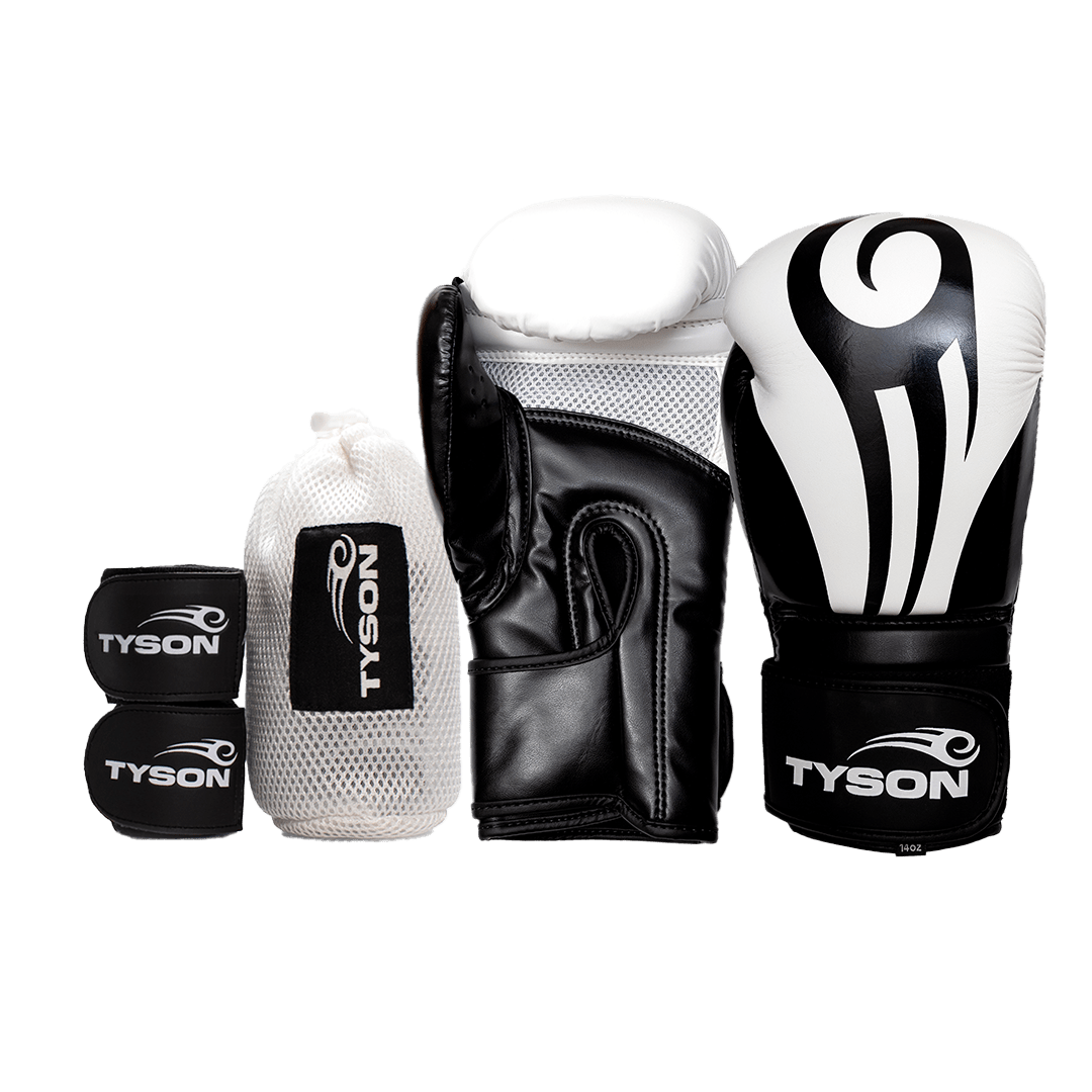 Black boxing gloves with gold accents. The Tyson half tribal logo is featured on the back of the gloves and the Tyson Pro logo is on the wrist strap. The palm area has mesh.
Black hand wraps with the Tyson Pro logo in white on the strap, and the Tyson half tribal logo repeatedly running along the entire wrap.
