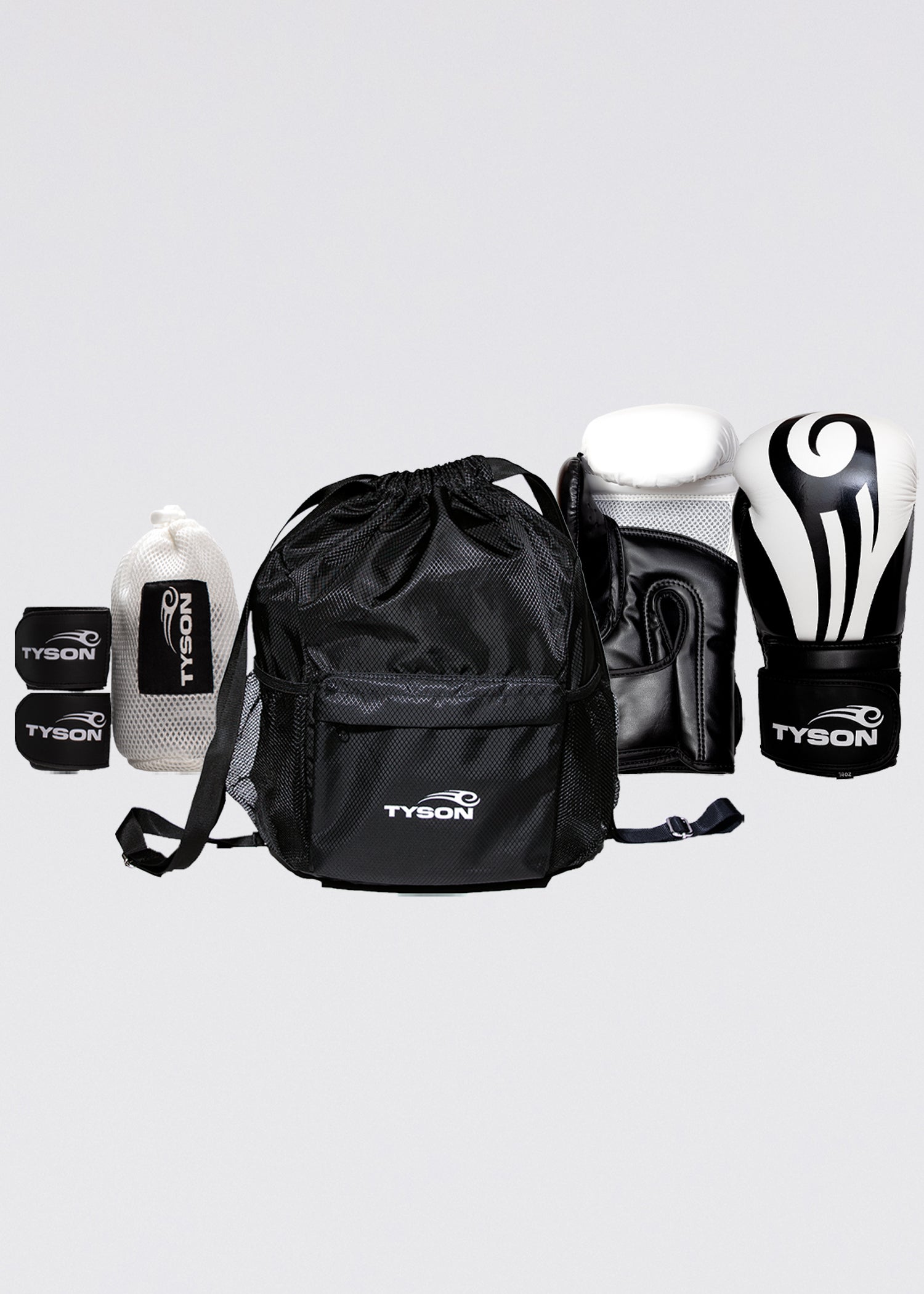 Black boxing gloves with white accents. The Tyson half tribal logo is featured on the back of the gloves and the Tyson Pro logo is on the wrist strap. The palm area has mesh.
Black hand wraps with the Tyson Pro logo in white on the strap, and the Tyson half tribal logo repeatedly running along the entire wrap.
Black drawstring bag featuring the Tyson Pro logo in white on the front pocket panel. The bag has two mesh pockets on either side.