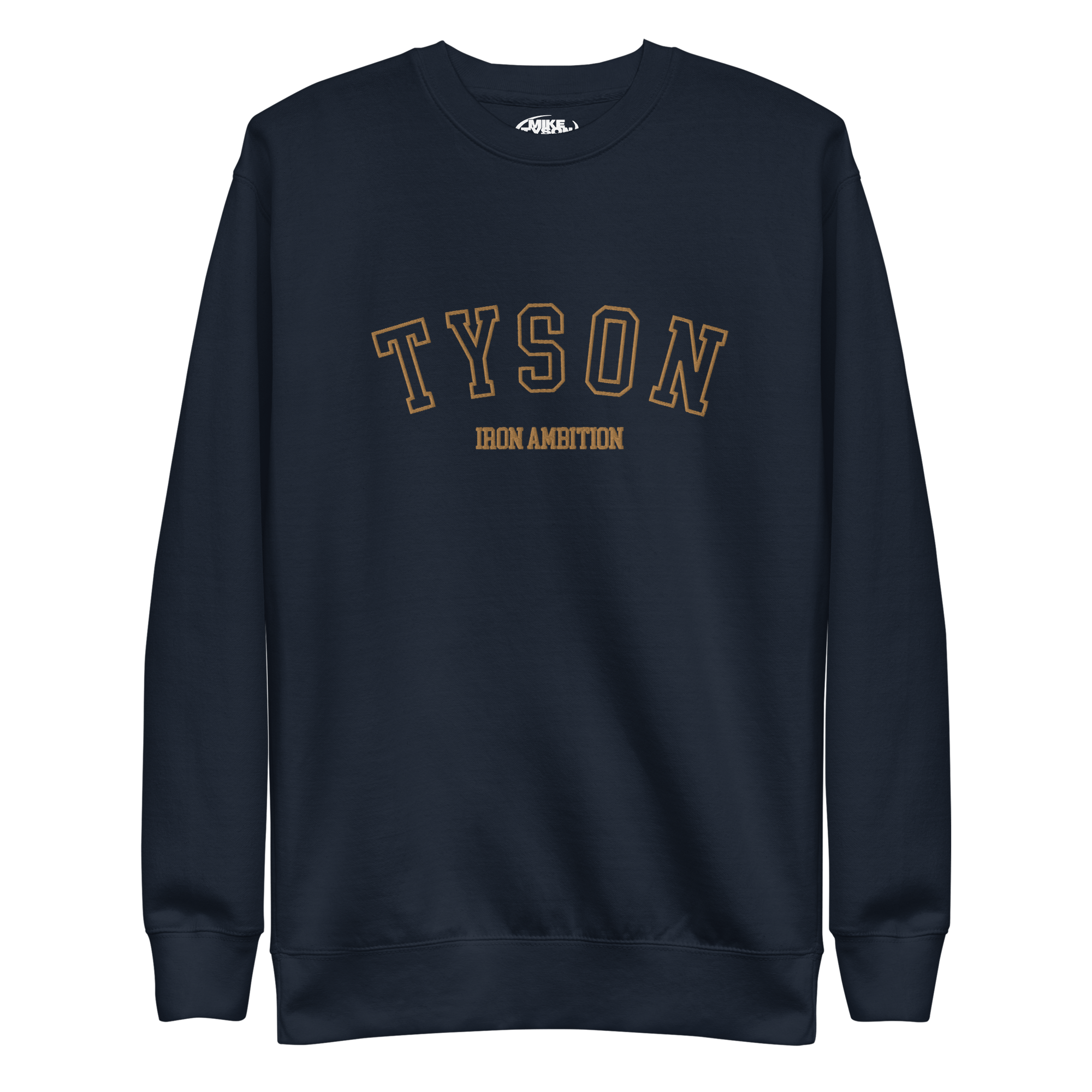 Navy long sleeve collegiate crewneck sweatshirt. Tyson Iron Ambition is embroidered in gold on the front.