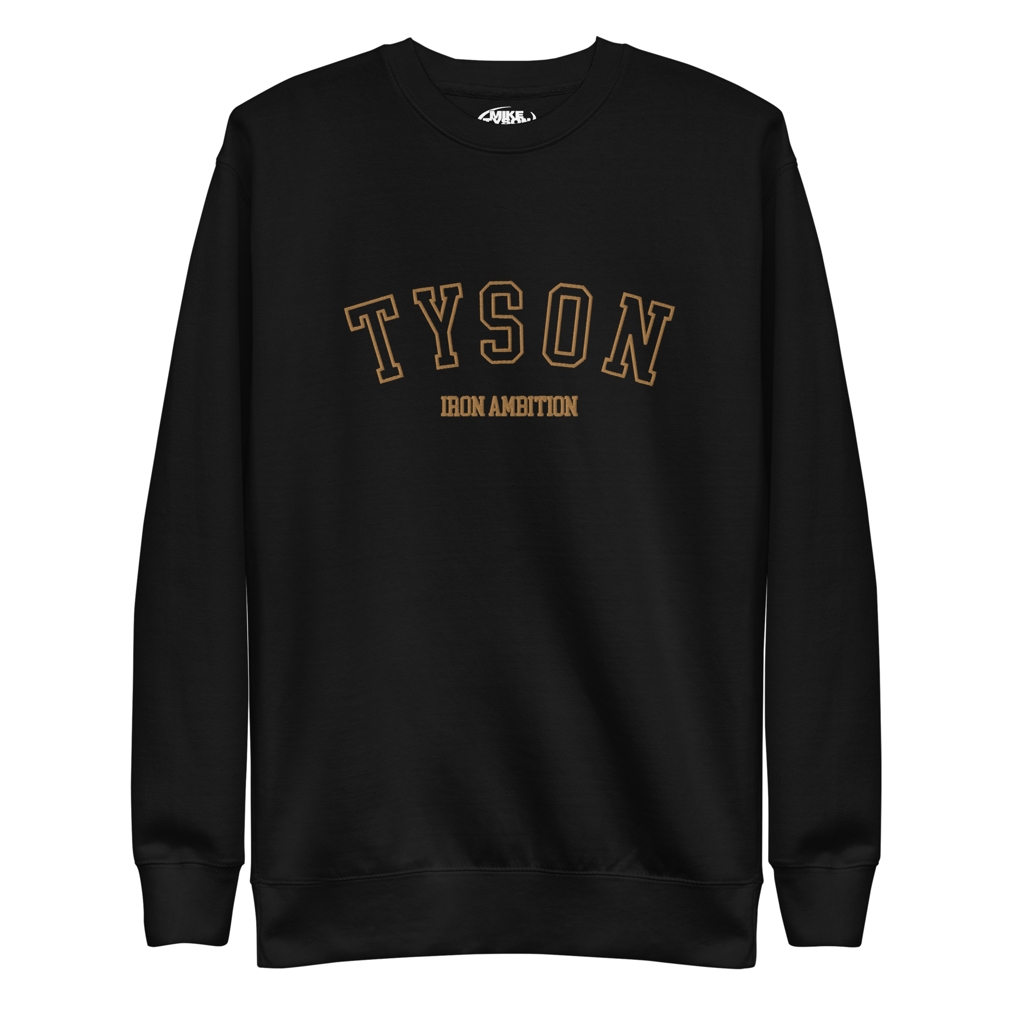Black long sleeve collegiate crewneck sweatshirt. Tyson Iron Ambition is embroidered in gold on the front.