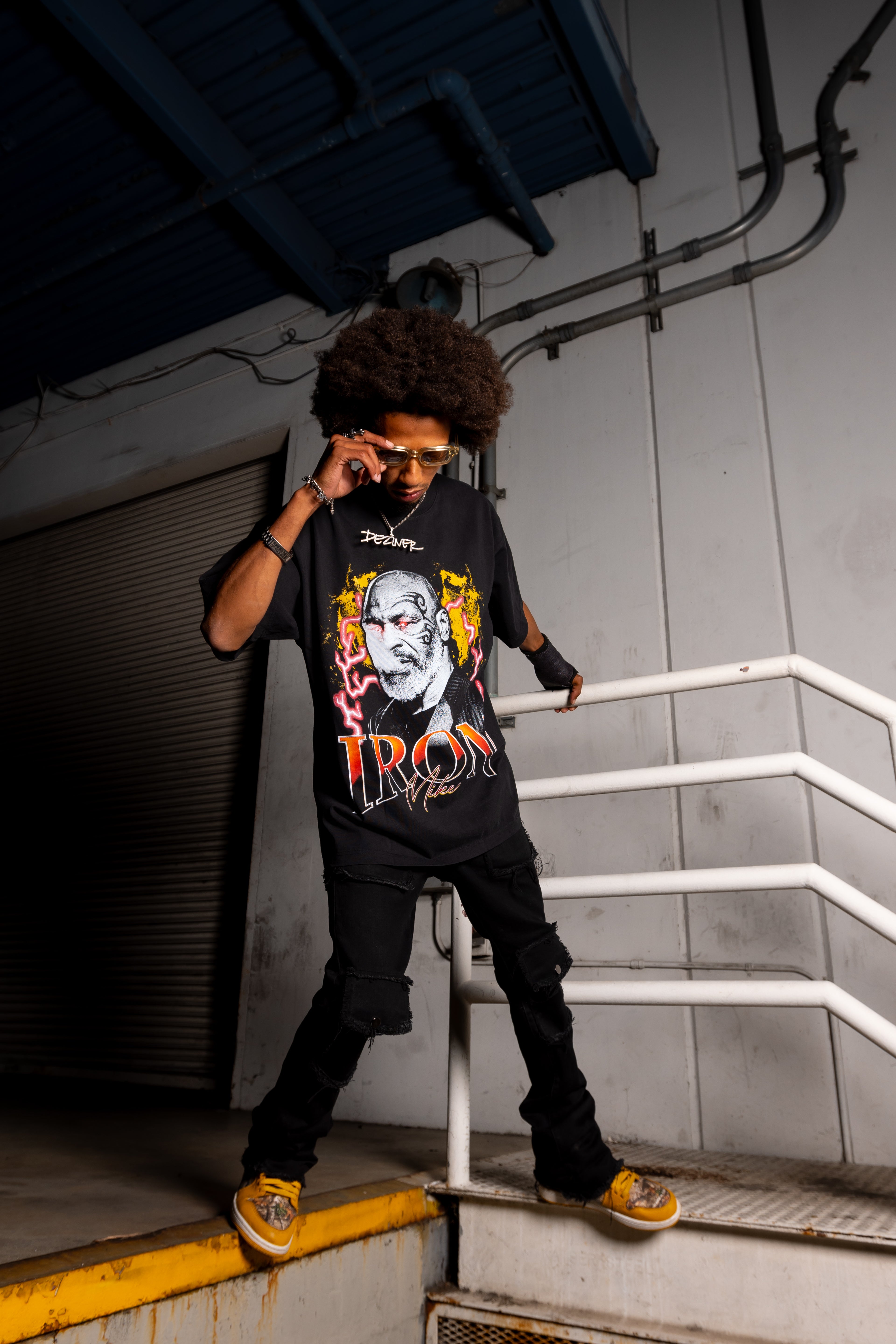 Model wearing the Laser Focus tee.