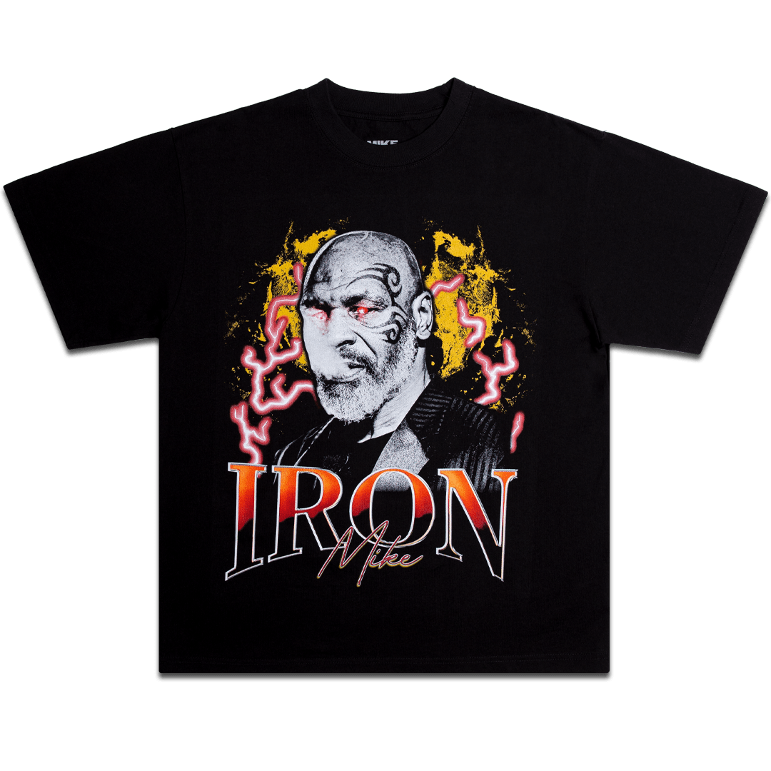 Black T-shirt with an image of Mike Tyson with red eyes and blowing smoke. Text below the images says "Iron Mike."