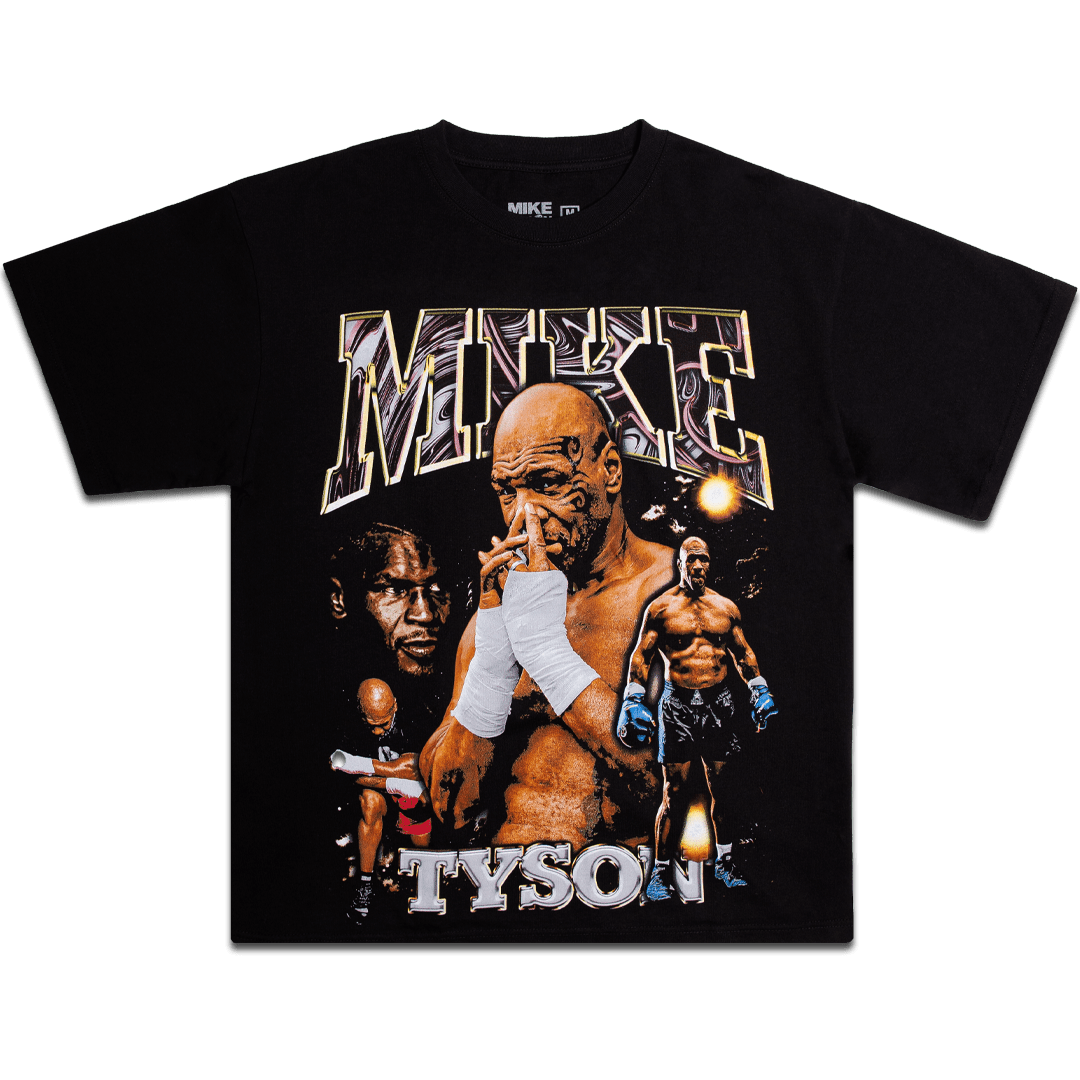 Black T-shirt with 4 images of Mike. Text above and below the image says "Mike Tyson."