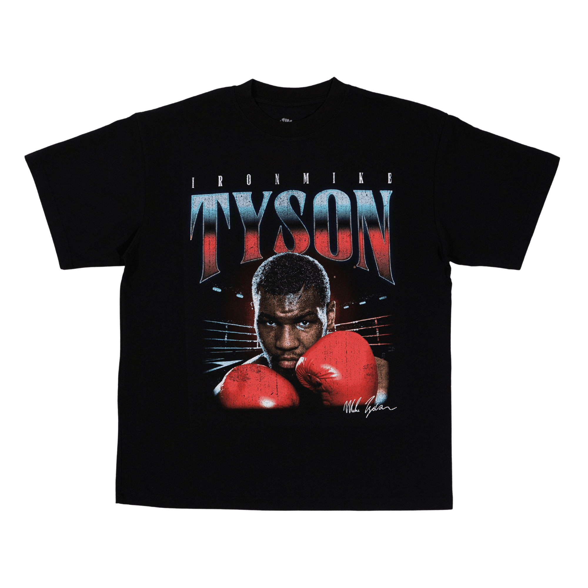 Black T-shirt with an image of Mike holding up his gloved hands, ready to punch. "Iron Mike Tyson" text across the top.