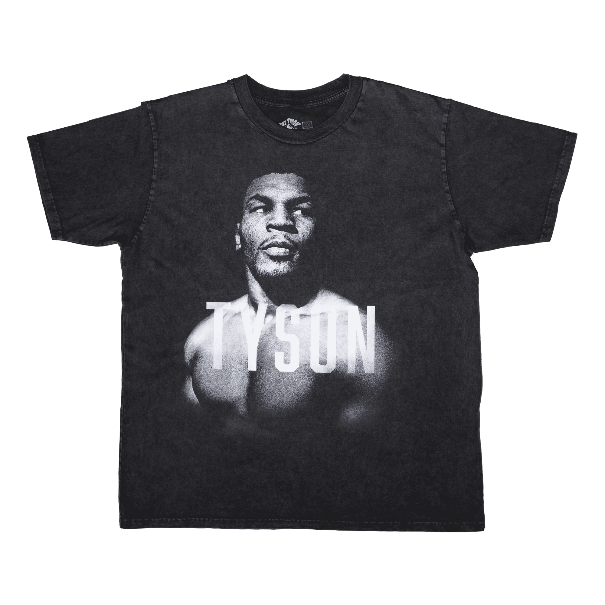 Black, Snow Wash T-shirt with a black and white portrait of Mike. His body is turned slightly to the left, his face is forward and his eyes are looking off to the right. Slightly transparent white text saying "Tyson" is featured across his upper chest.