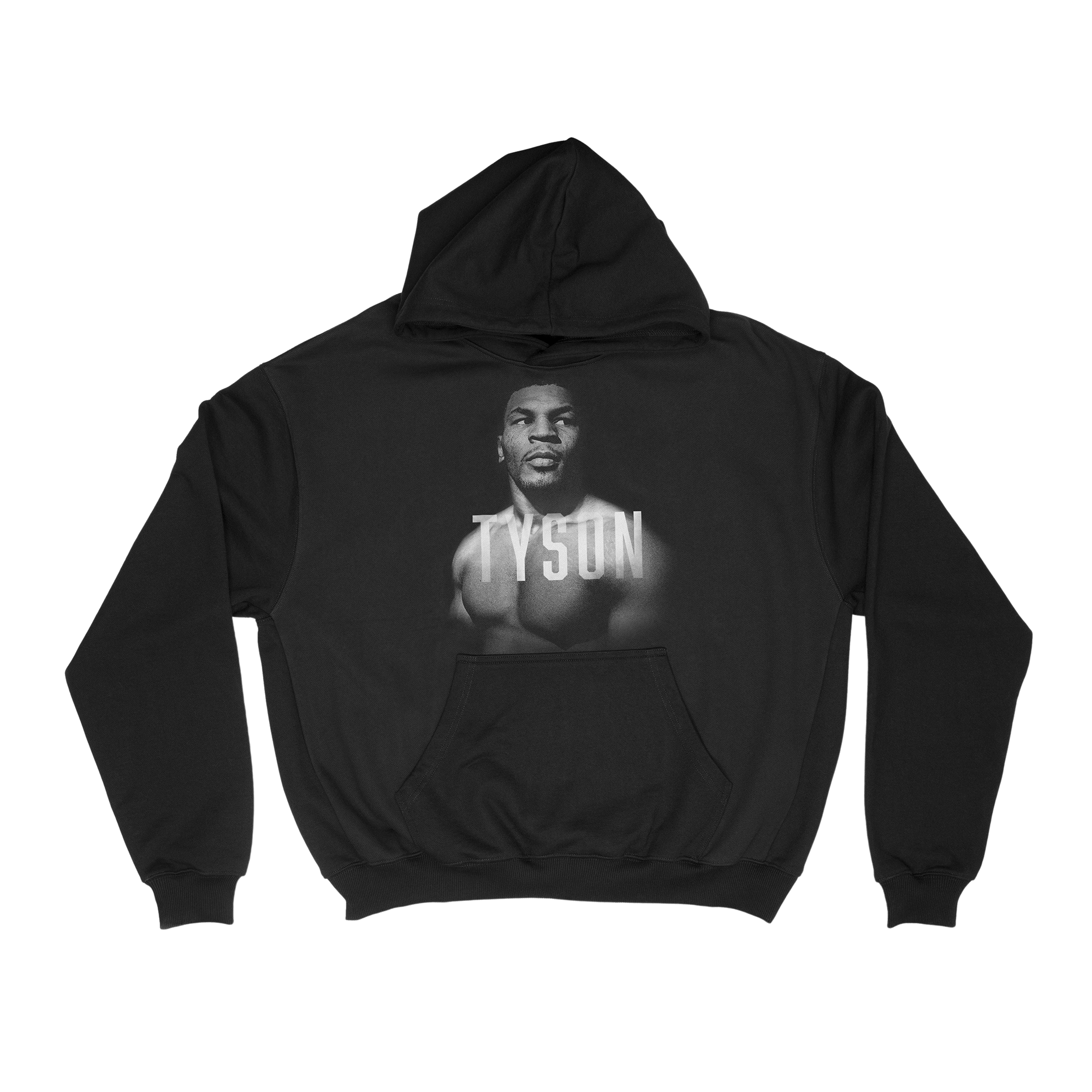 Black hoodie with a black and white portrait of Mike. His body is turned slightly to the left, his face is forward and his eyes are looking off to the right. Slightly transparent white text saying Tyson is featured across his upper chest.