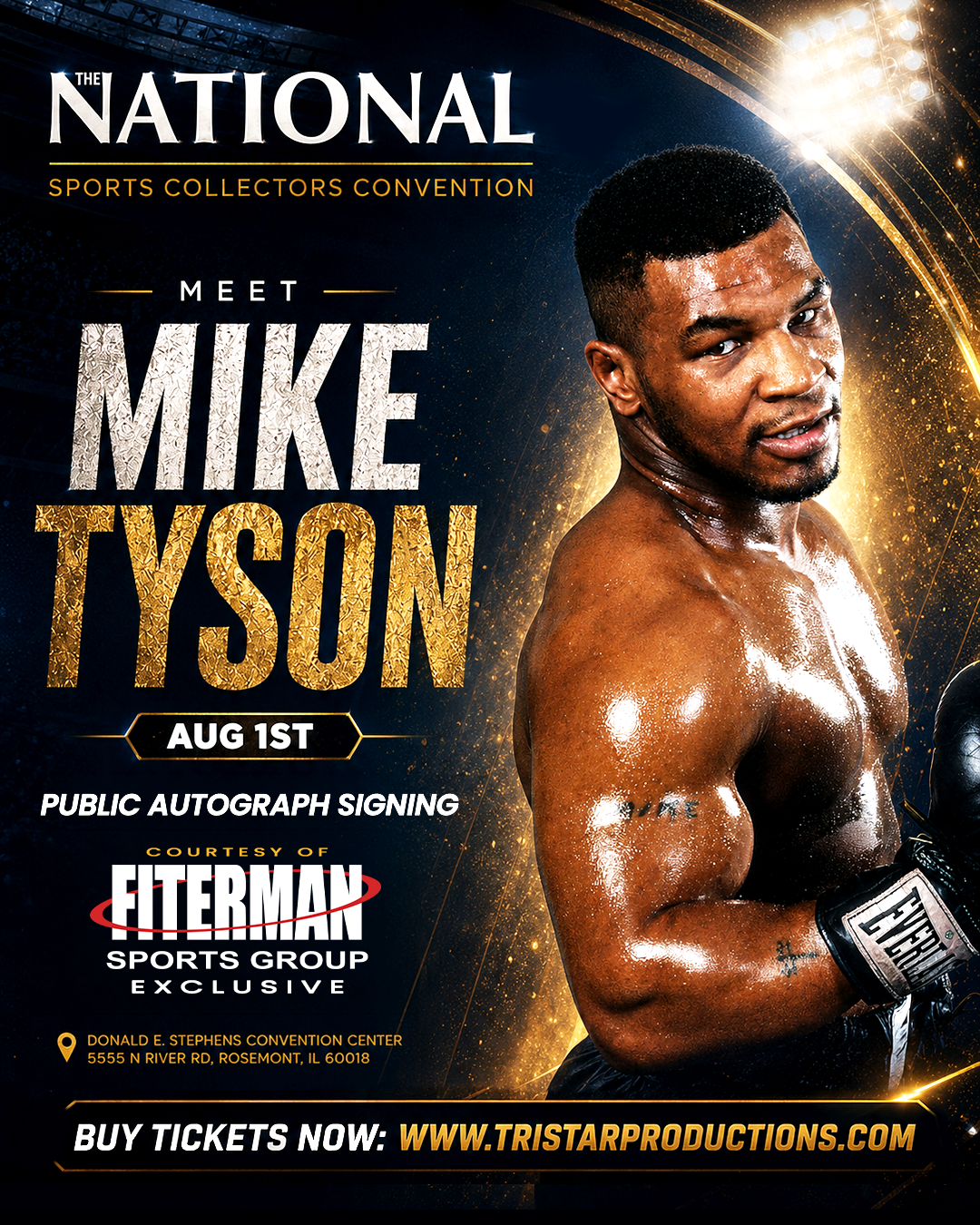 Promotional poster for Mike Tyson's appearance at The National Sports Collectors Convention with event details.