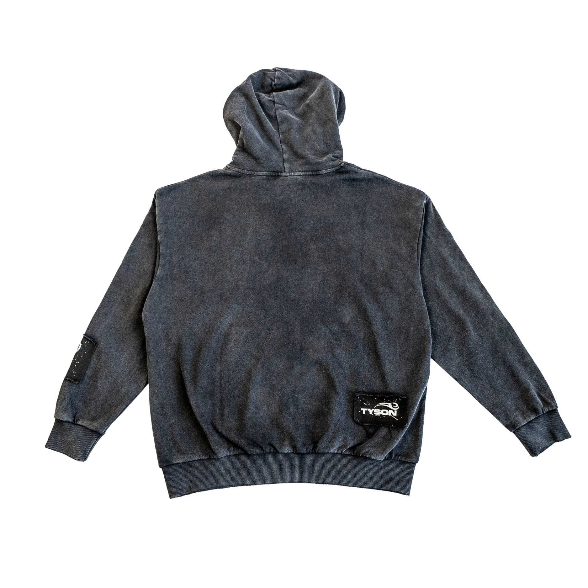 Back of a black distressed hoodie with the Tyson logo on a black patch on the bottom right above the hem. 