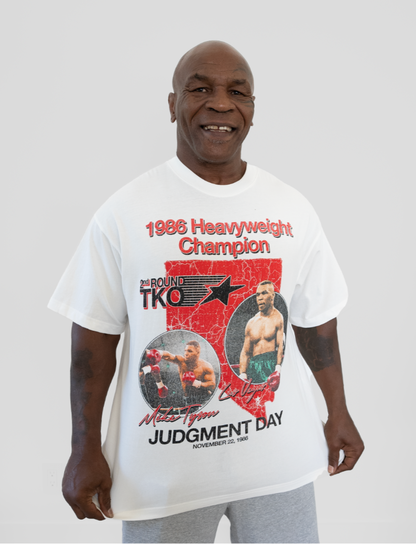 Mike Tyson wearing the MT Judgement Day shirt.