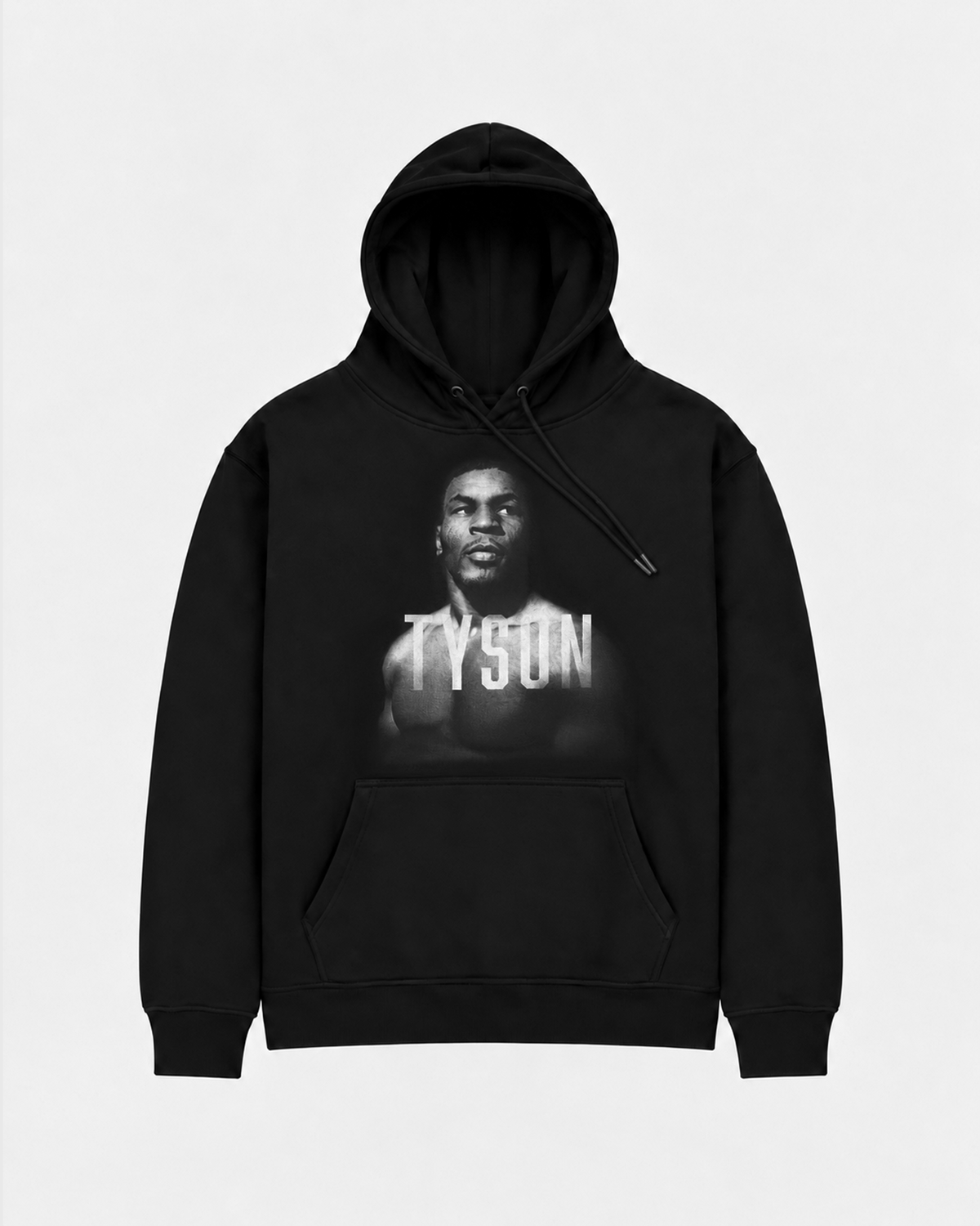 Black hoodie with a black and white portrait of Mike. His body is turned slightly to the left, his face is forward and his eyes are looking off to the right. Slightly transparent white text saying Tyson is featured across his upper chest.