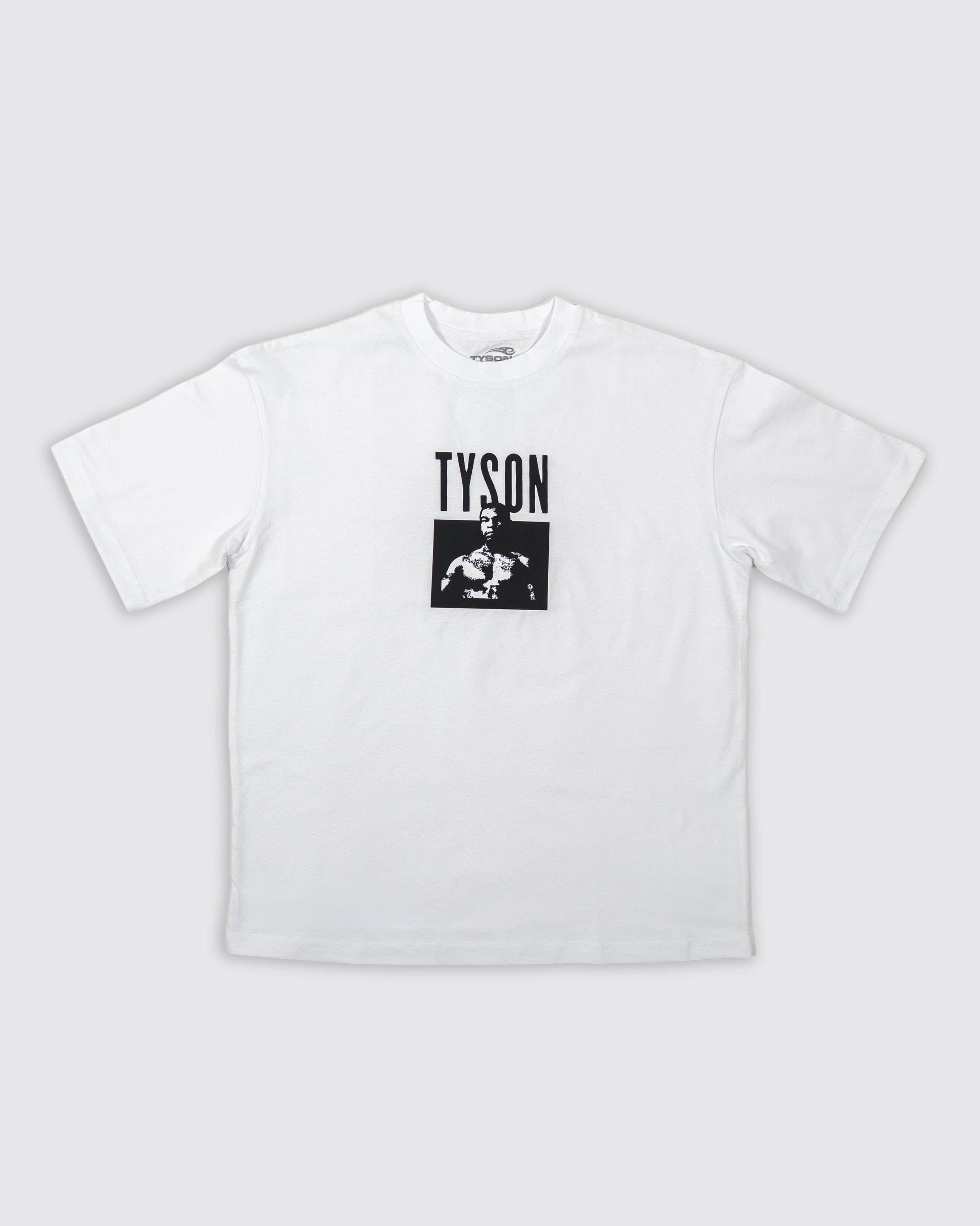 White t-shirt with small black "Tyson" text across the chest, and a black and white image of Mike below. 