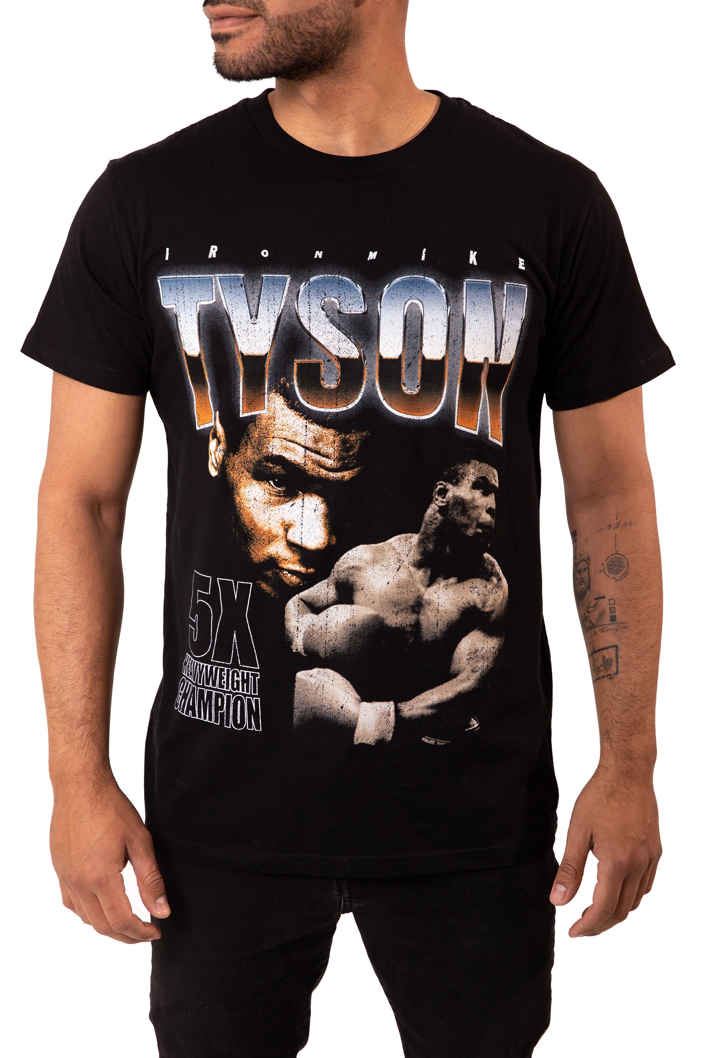 Black T-shirt with 2 images of Mike Tyson: One portrait and the other mid-punch. "Tyson" is written across the top.