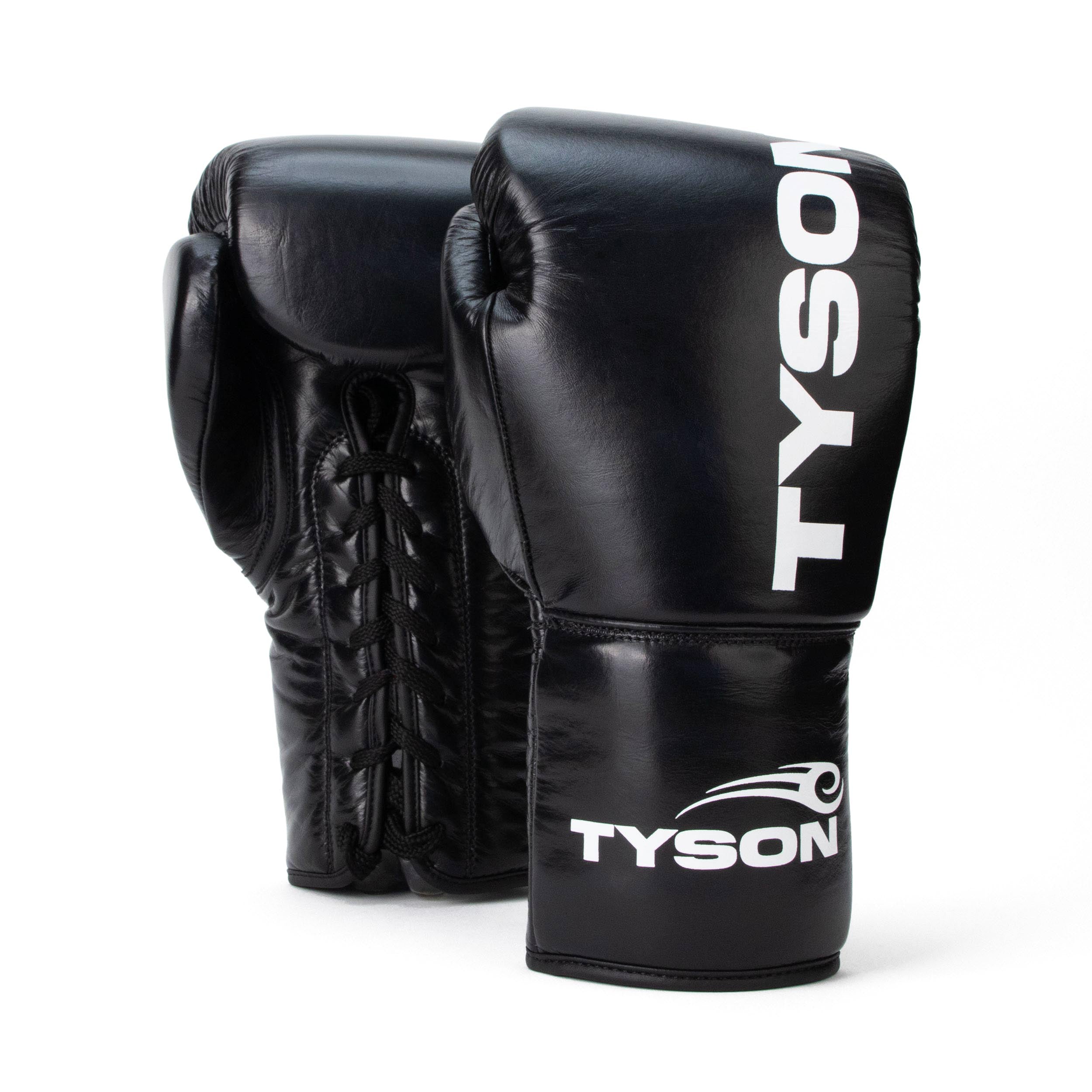 Black boxing gloves. White text saying "Tyson" runs vertically towards the fingers on the back of the gloves, while the Tyson Pro logo is on the wrist. The palm side of the glove features laces.