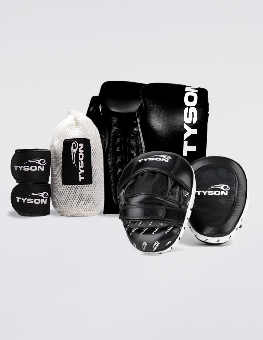 Black boxing gloves. White text saying "Tyson" runs vertically towards the fingers on the back of the gloves, while the Tyson Pro logo is on the wrist. The palm side of the glove features laces.
Black focus mitts with a white border. A white Tyson Pro logo is featured on the face of the mitt. The logo is also featured on the top of the backside, and a pattern with the logos is at the bottom. There is mesh on the backside along with the tightening strap.
Black Tyson Pro hand wraps